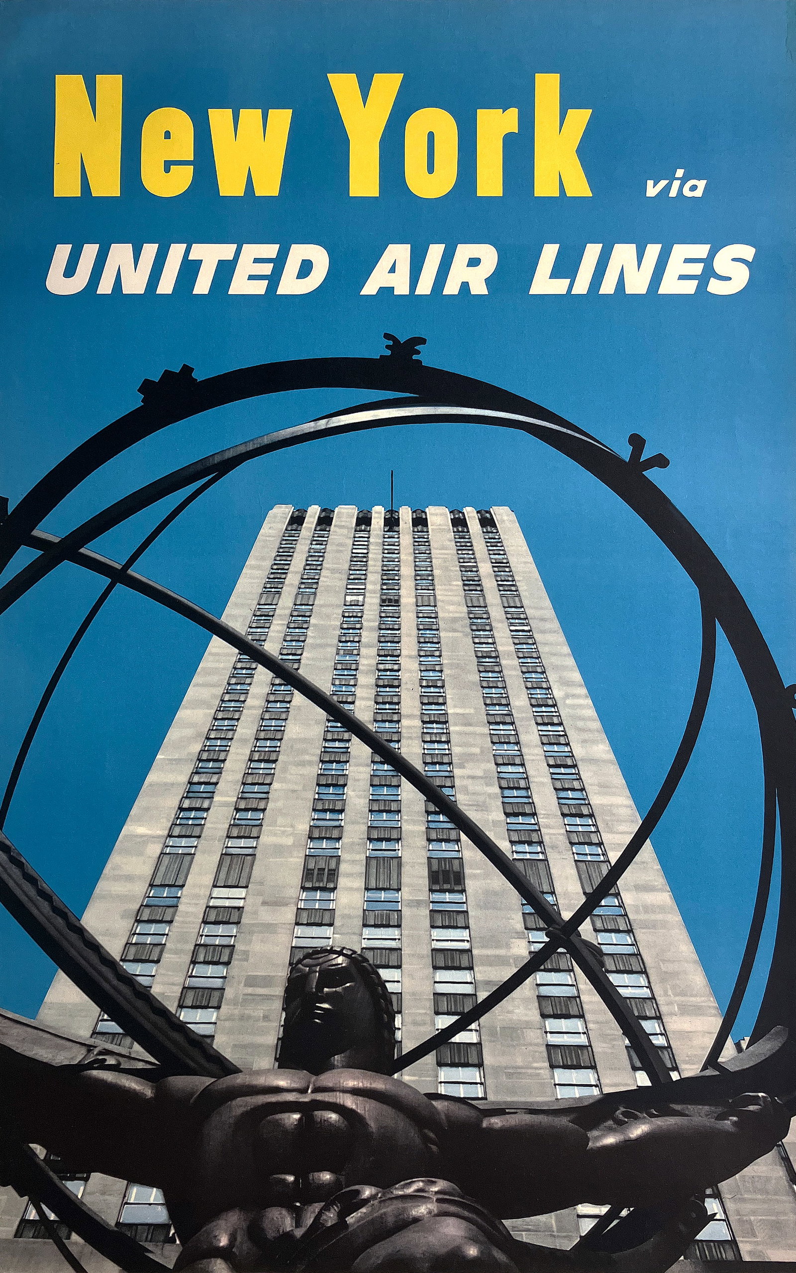 Original Vintage United Air Lines New York Poster C1965 - Atlas Statue in Rockefeller Center: This striking United Air Lines travel poster presents an unforgettable upward view of the Atlas statue, the iconic bronze figure standing before Rockefeller Center in New York. The composition capture