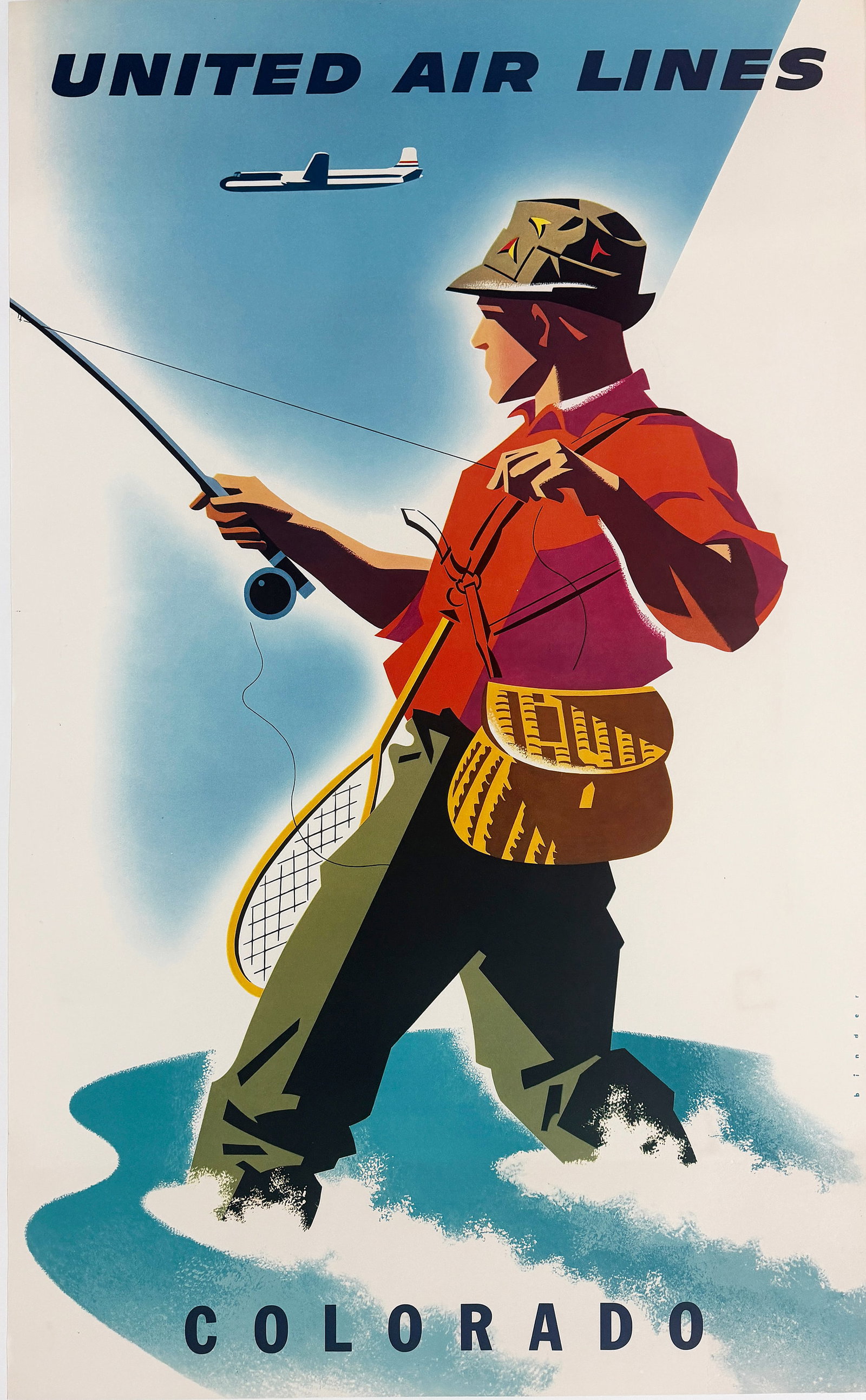 Original Vintage United Air Lines - Colorado by Joseph Binder C1955 Fisherman: This striking United Air Lines poster promoting Colorado captures the spirit of adventure and the romance of travel in the mid-20th century. Designed with bold, geometric forms and a vivid color palet