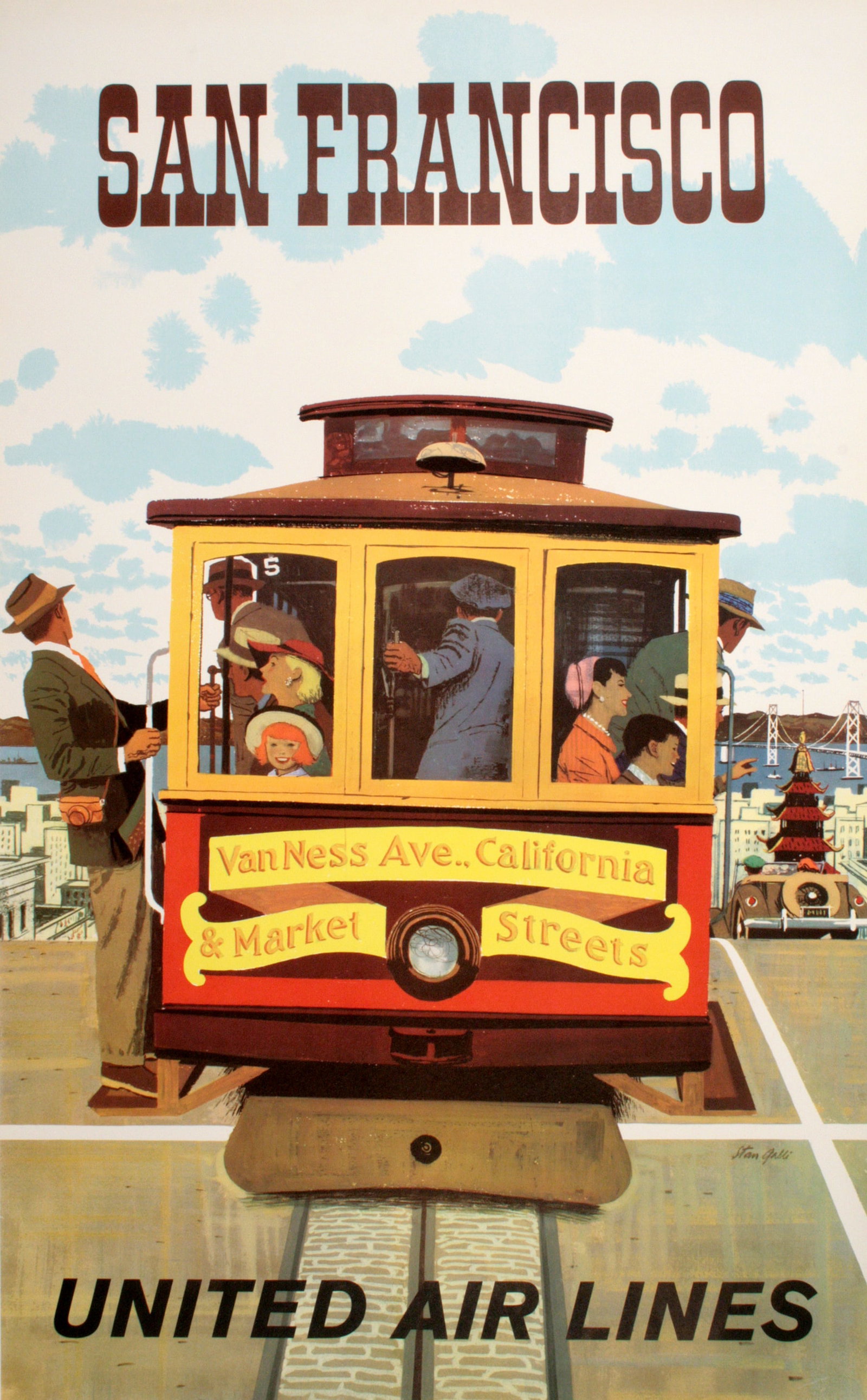 Original Vintage Stan Galli United Air Lines San Francisco Cable Car Poster C1955: In this charming image of San Francisco, the artist Stan Galli portrays an iconic cable car that is transporting people to some of the downtown destinations in the heart of San Francisco.Stan Galli (1