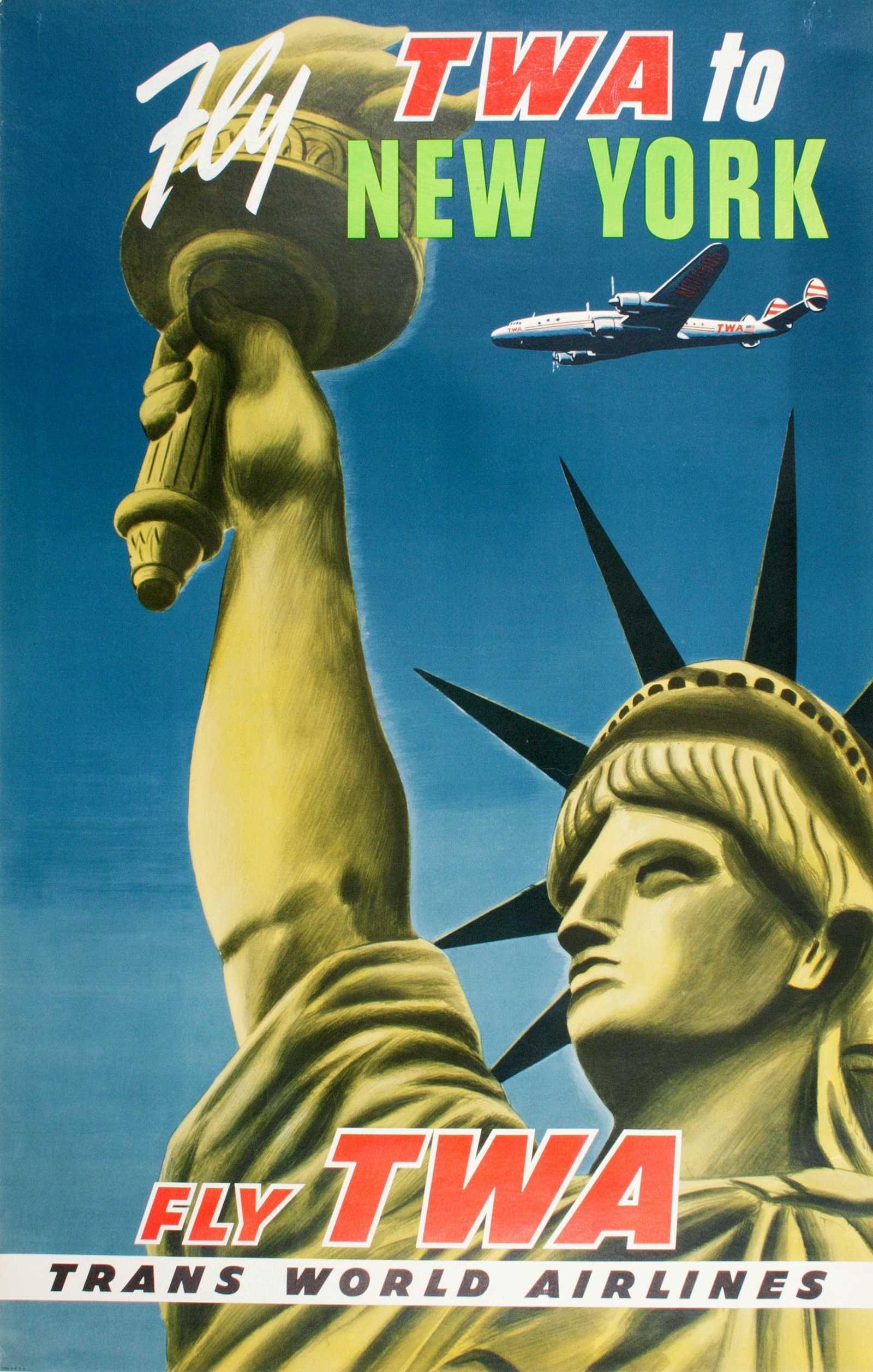 Original Vintage Fly TWA to New York Poster C1955 Statue of Liberty Rare (1 of 1)