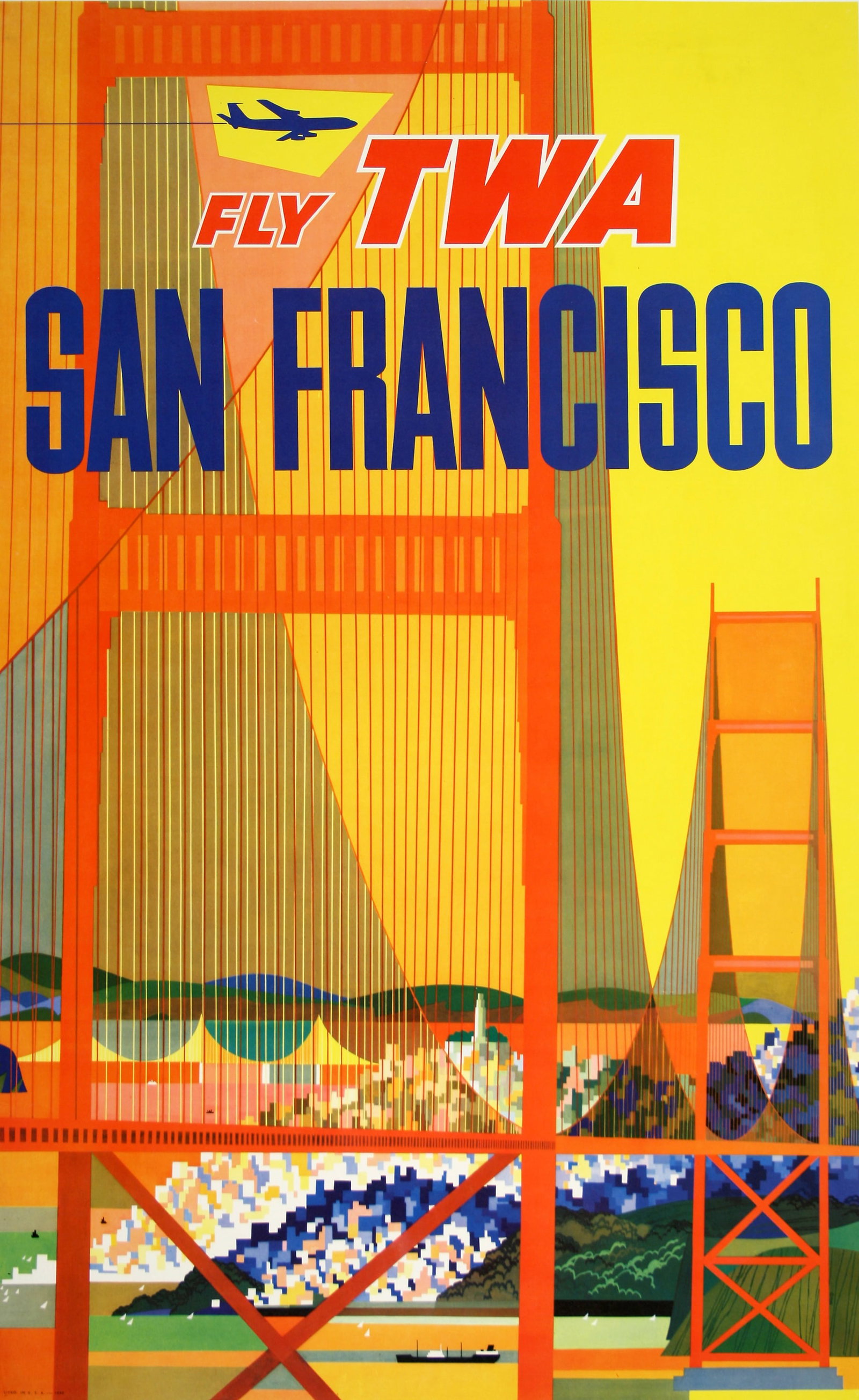Original Vintage David Klein TWA - San Francisco c1960 Poster: In the Post World War ll era, Howard Hughes as the owner of TWA was a dominant force in expanding and promoting the routes flown by his company. As the economy was vastly improving, airline travel for