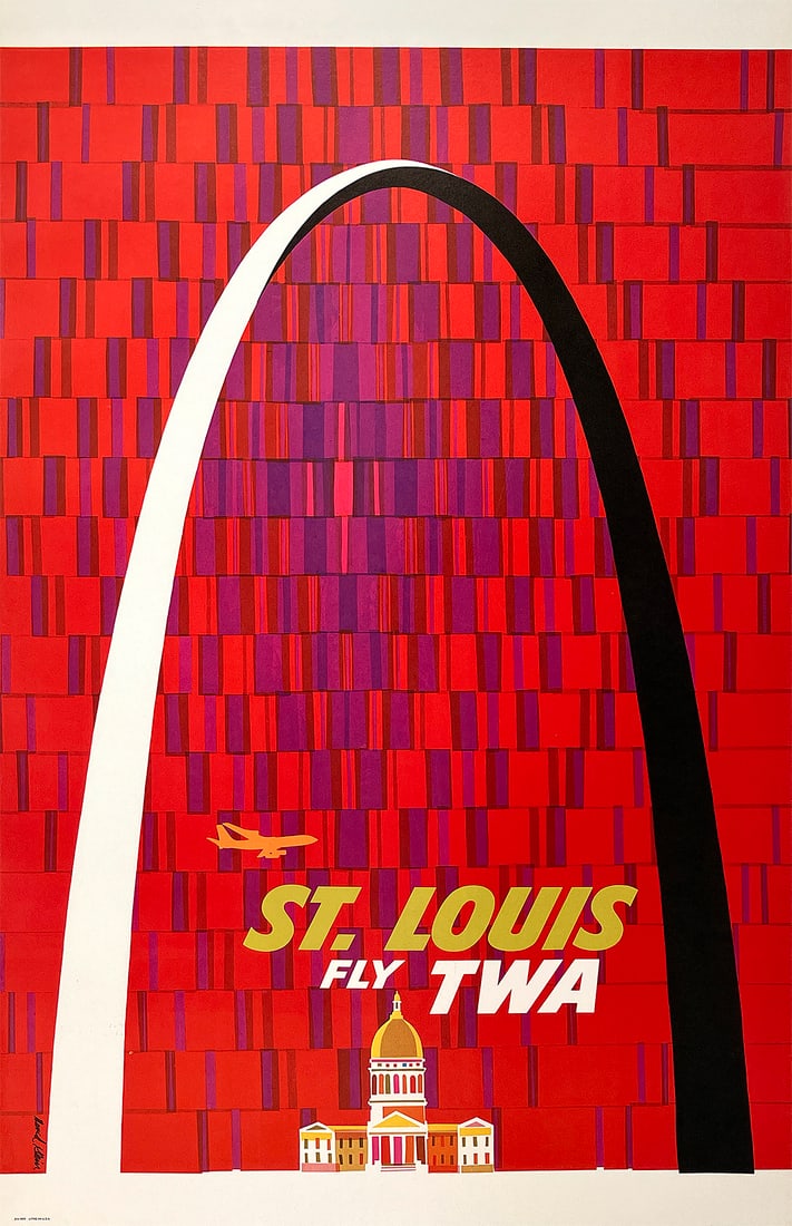 Original Vintage Fly TWA St Louis Missouri by David Klein c1965 Arch: In the Post World War ll era, Howard Hughes, the owner of TWA was a dominant force in expanding and promoting the routes flown by his company. As the economy was vastly improving, airline travel for b