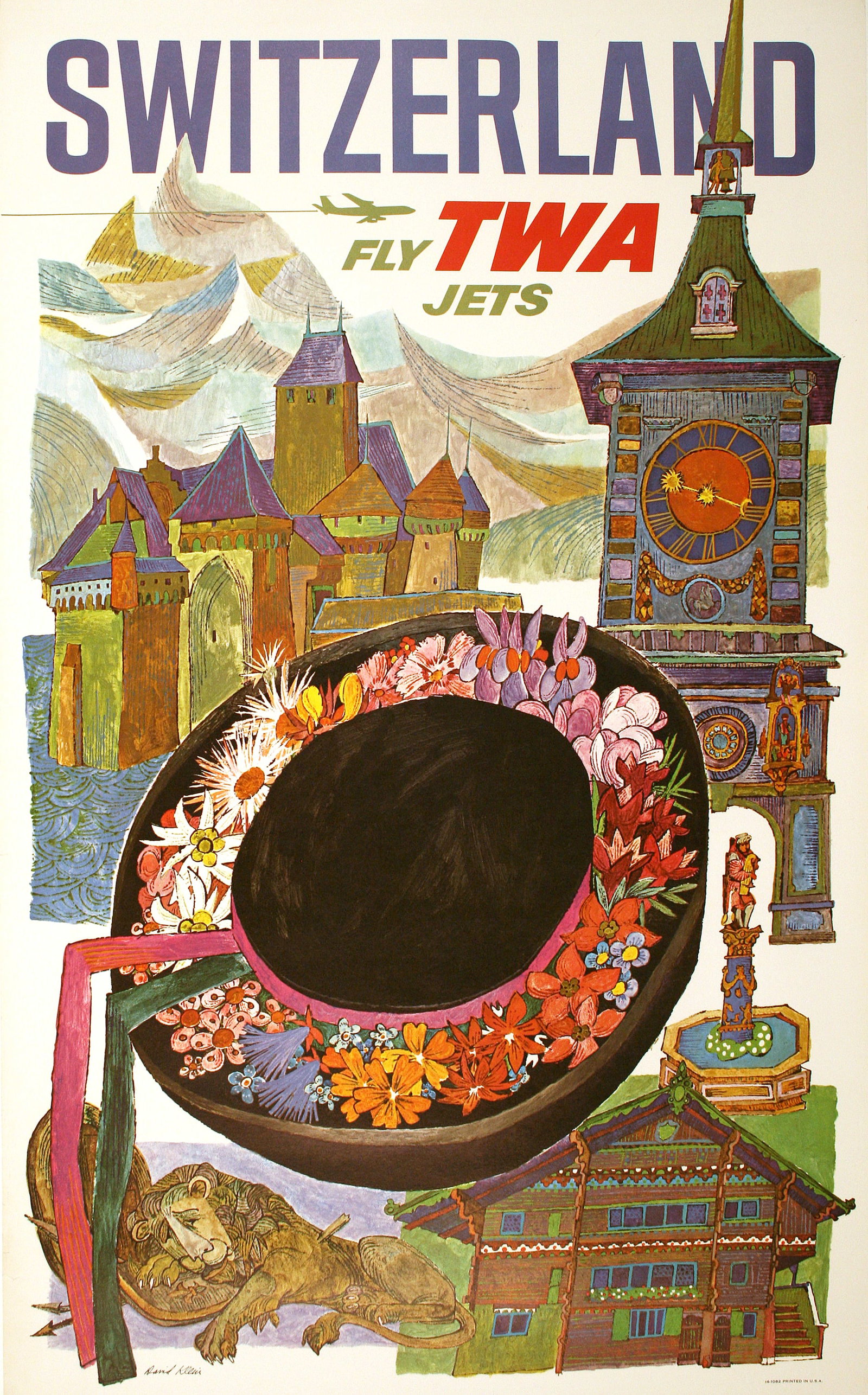Original David Klein TWA Poster C1965 - Switzerland Hat: TWA (Trans World Airlines) was formed in 1924 as Transcontinental & Western Air. The airline's first route was New York to Los Angeles, soon followed by multiple National routes. The airline expanded 