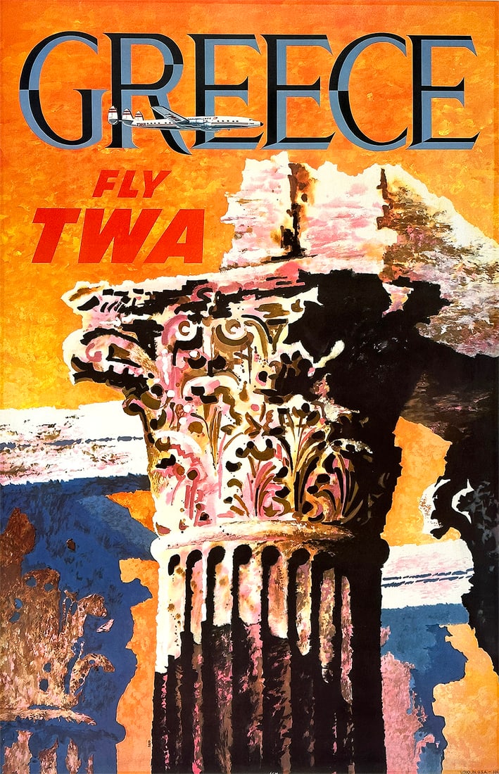 Original Vintage Fly TWA Greece Poster by David Klein Parthenon Constellation: In the Post World War ll era, Howard Hughes as the owner of TWA was a dominant force in expanding and promoting the routes flown by his company. As the economy was vastly improving, airline travel for