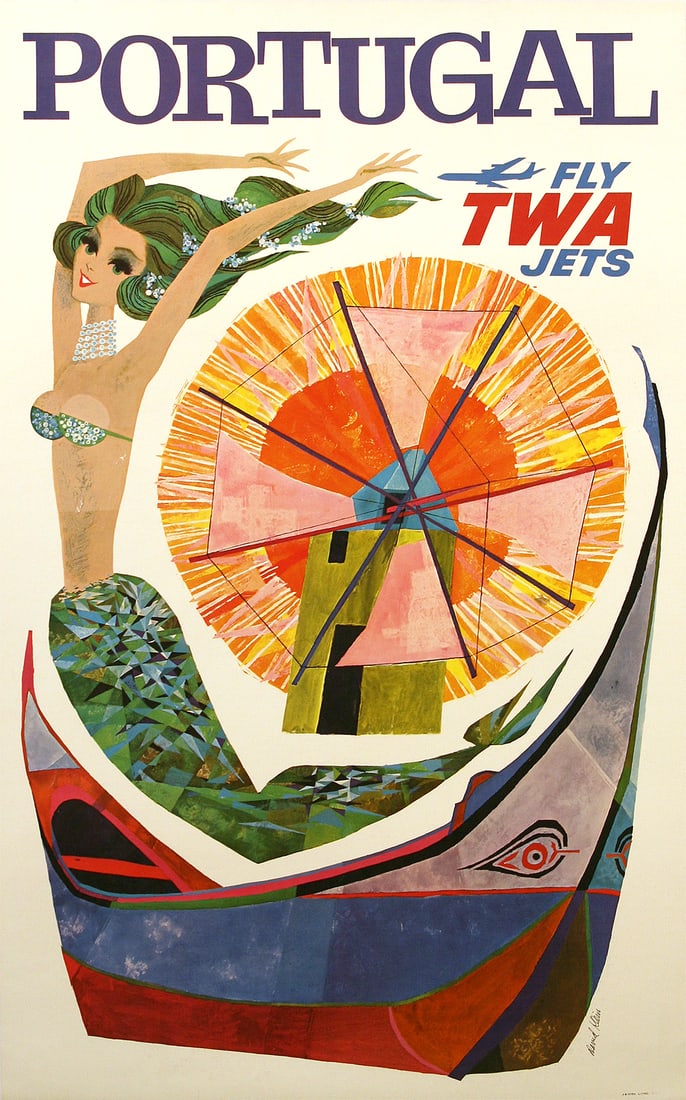 Original Vintage Fly TWA Jets Portugal Poster by David Klein c1960: This Portugal poster was created circa 1960 by the gifted American artist David Klein (1918 -2005) for TWA. He chose to depict some of the real and mythical highlights of the small country; a glamorou