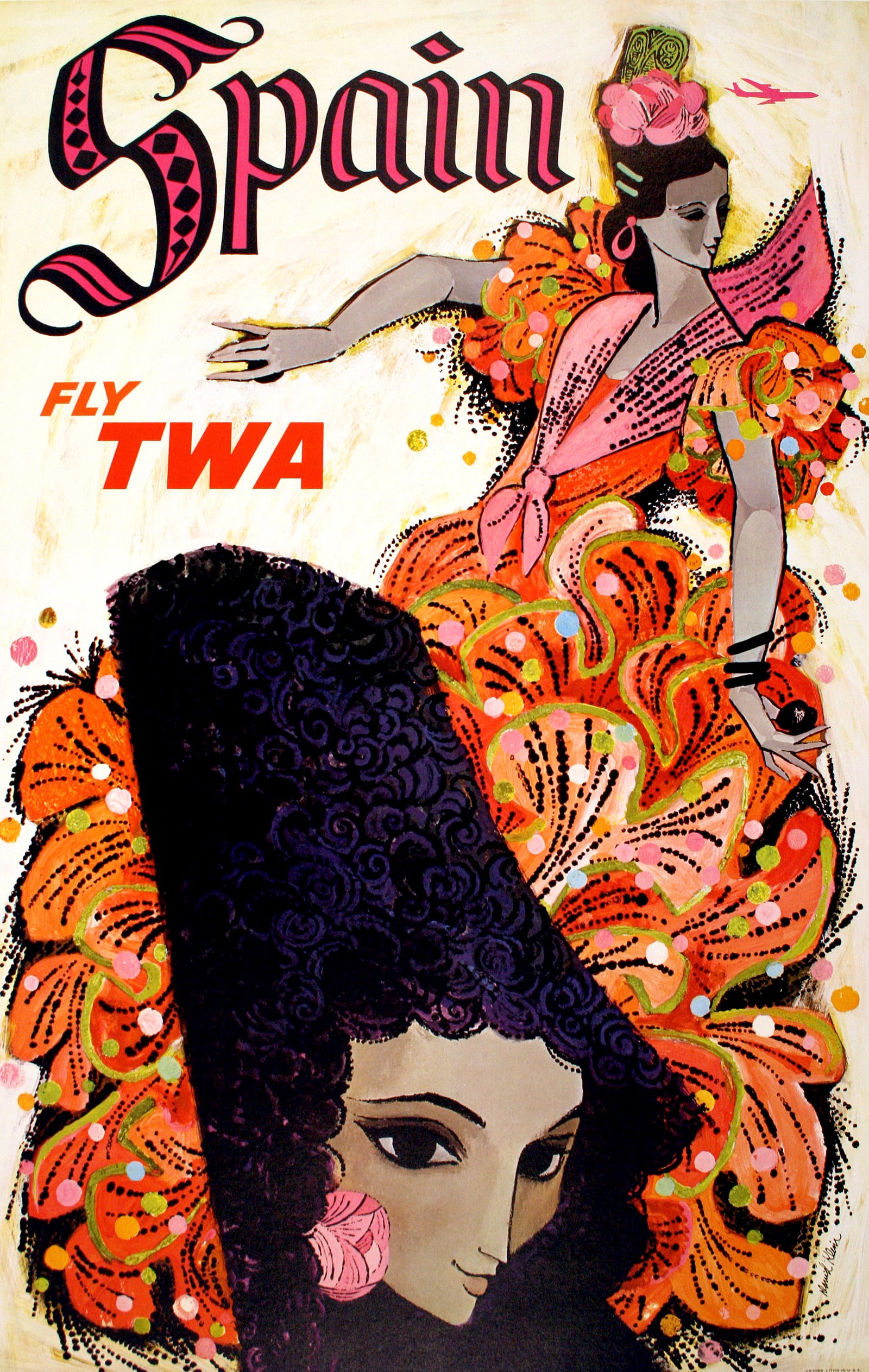 Original David Klein Poster Fly TWA Spain c1960: This Spain poster was created circa 1960 by the gifted American artist David Klein (1918 -2005) for TWA. The image shows a couple of women dressed with the traditional attire from the South of Spain. 