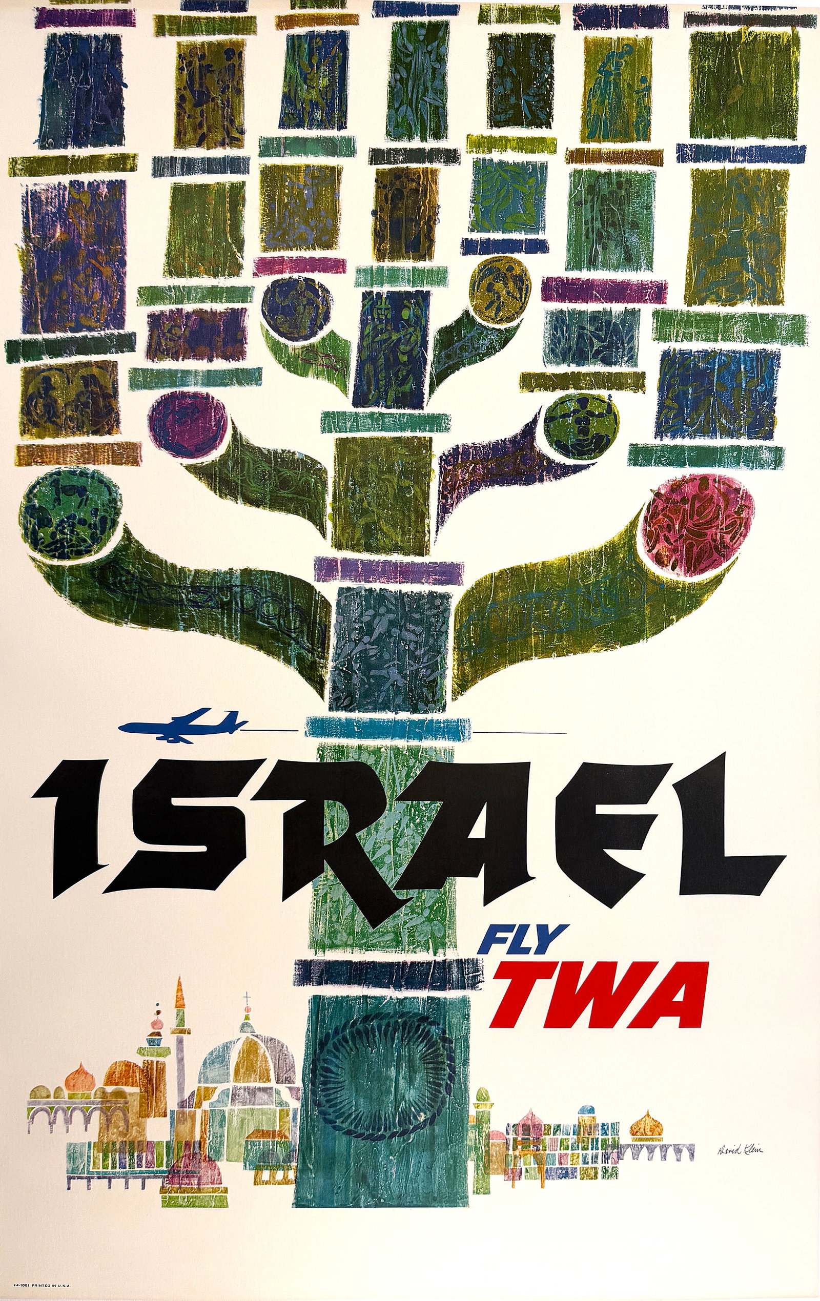 Original Vintaqe Fly TWA - Israel Menorah Poster- David Klein c1960: This is one of a series of great posters created by the noted American artist David Klein for TWA. TWA (Trans World Airlines) was formed in 1924 as Transcontinental & Western Air. The airline's first 
