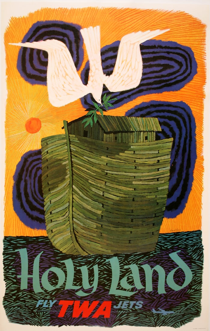 Original Vintage David Klein Fly TWA Poster - Holy Land Israel c1960: This TWA poster was created by the gifted American artist David Klein (1918 -2005), and depicts Israel as a land of peace by using the imagery of Noah's Ark and the dove of peace. Although he produced