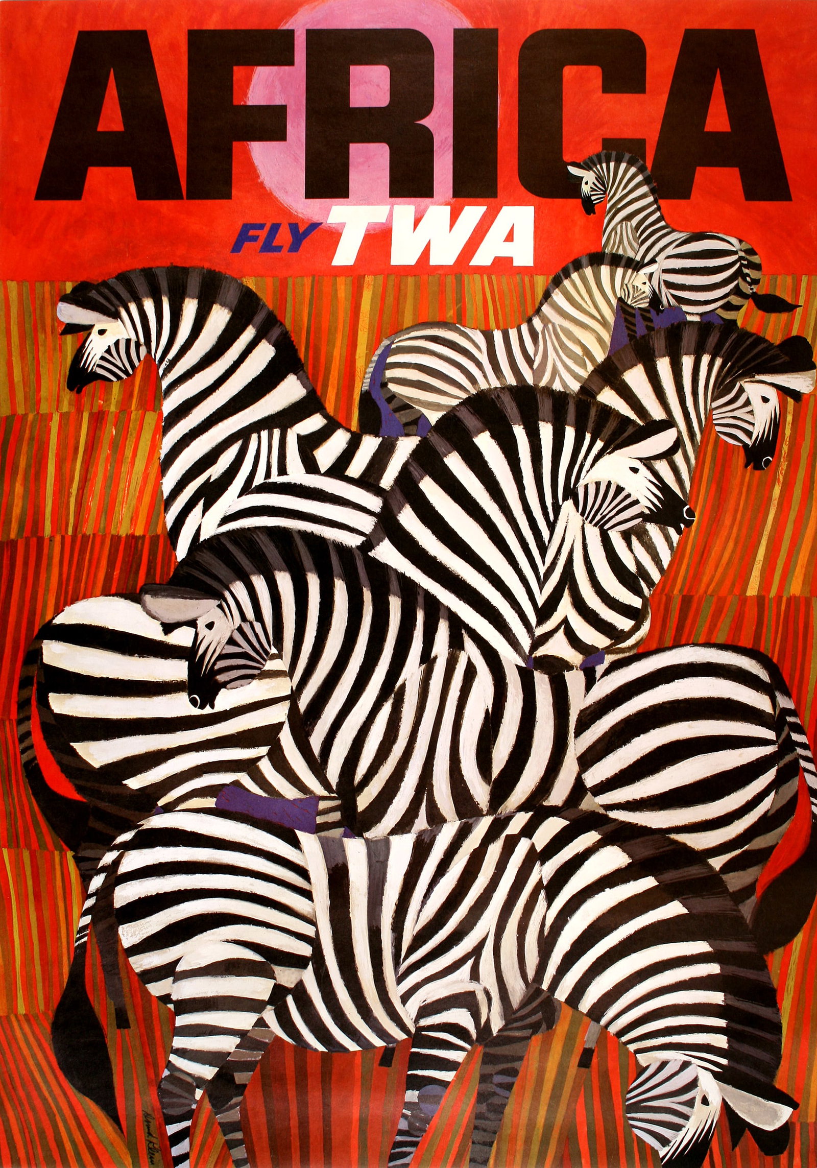 Original David Klein Fly TWA - Africa Zebras Poster c1960: In the Post World War ll era, Howard Hughes, the owner of TWA was a dominant force in expanding and promoting the routes flown by his company. As the economy was vastly improving, airline travel for b