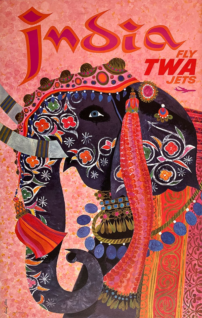 Original Vintage Fly TWA Jets India Pink Elephant Poster by David Klein c1960: This India poster was created circa 1960 by the gifted American artist, David Klein (1918 -2005) for TWA. An elaborately adorned elephant shows off her jewels in this groovy image; the bright colors o