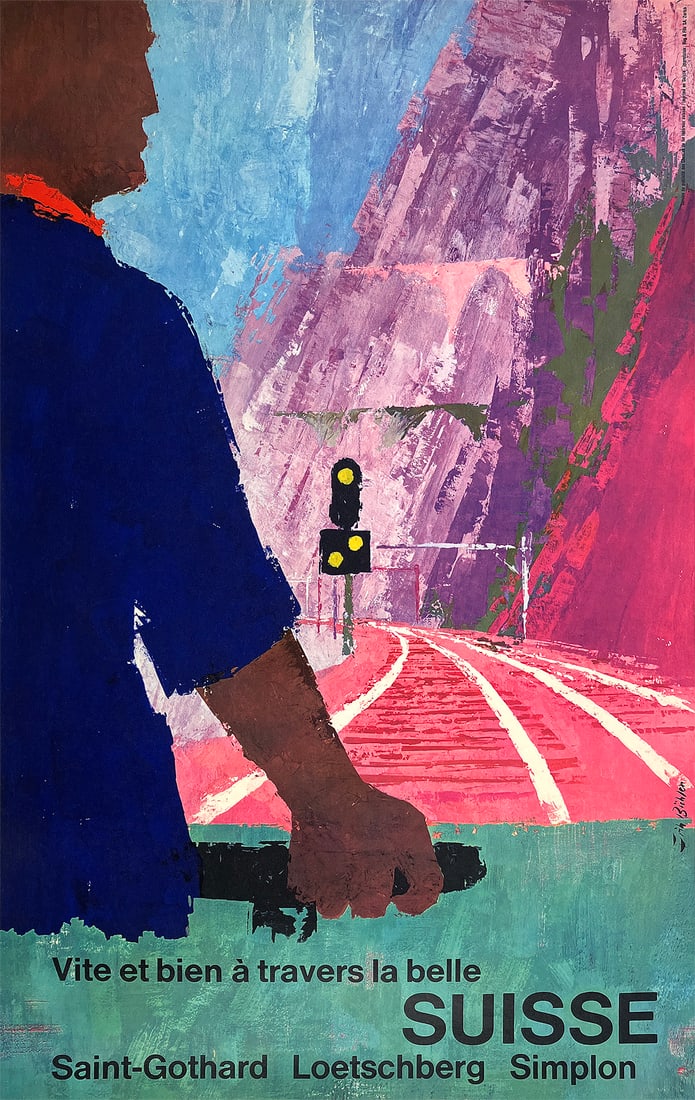 Original Vintage Swiss Rail Poster Suisse by Fritz Buhler Alps 1959: This is a dynamically designed Swiss poster for the railroad that traverses the Alps. Featured here is the Gotthard tunnel, with a train conductor at work in the foreground. It is a bright and colorfu