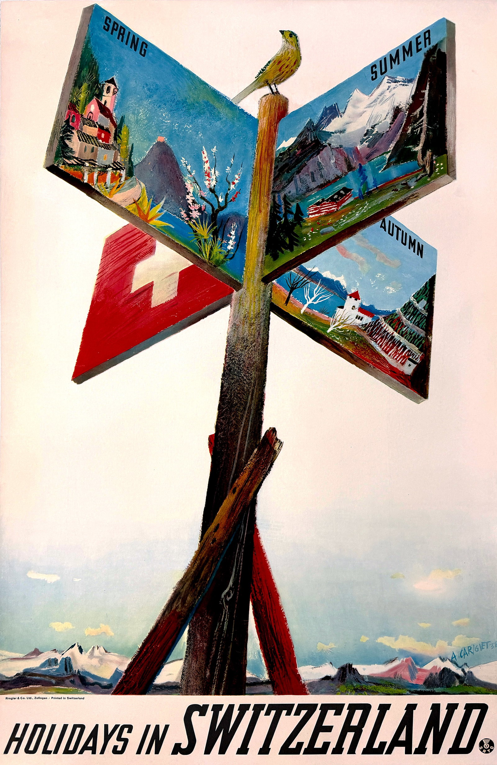 Original Vintage Holidays in Switzerland Poster 1938 by Alois Carigiet: This charming 1938 Swiss travel poster presents a playful and highly memorable composition centered around a directional signpost pointing toward the four seasonsâ€”Spring, Summer, Au