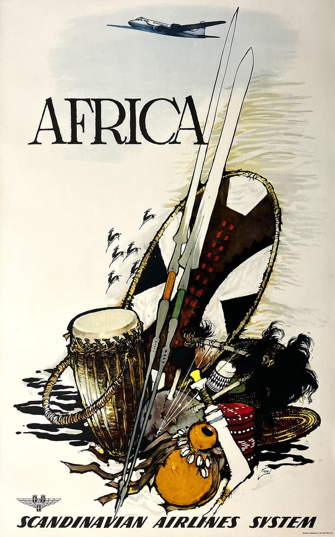 Original Vintage SAS -Africa Poster by Otto Nielsen Drums and Artifacts C1955: This original vintage poster, titled "Africa" and created by Danish artist Otto Nielsen (1916–2000) in the late 1950s, was commissioned by Scandinavian Airlines System (SAS) to promote their African