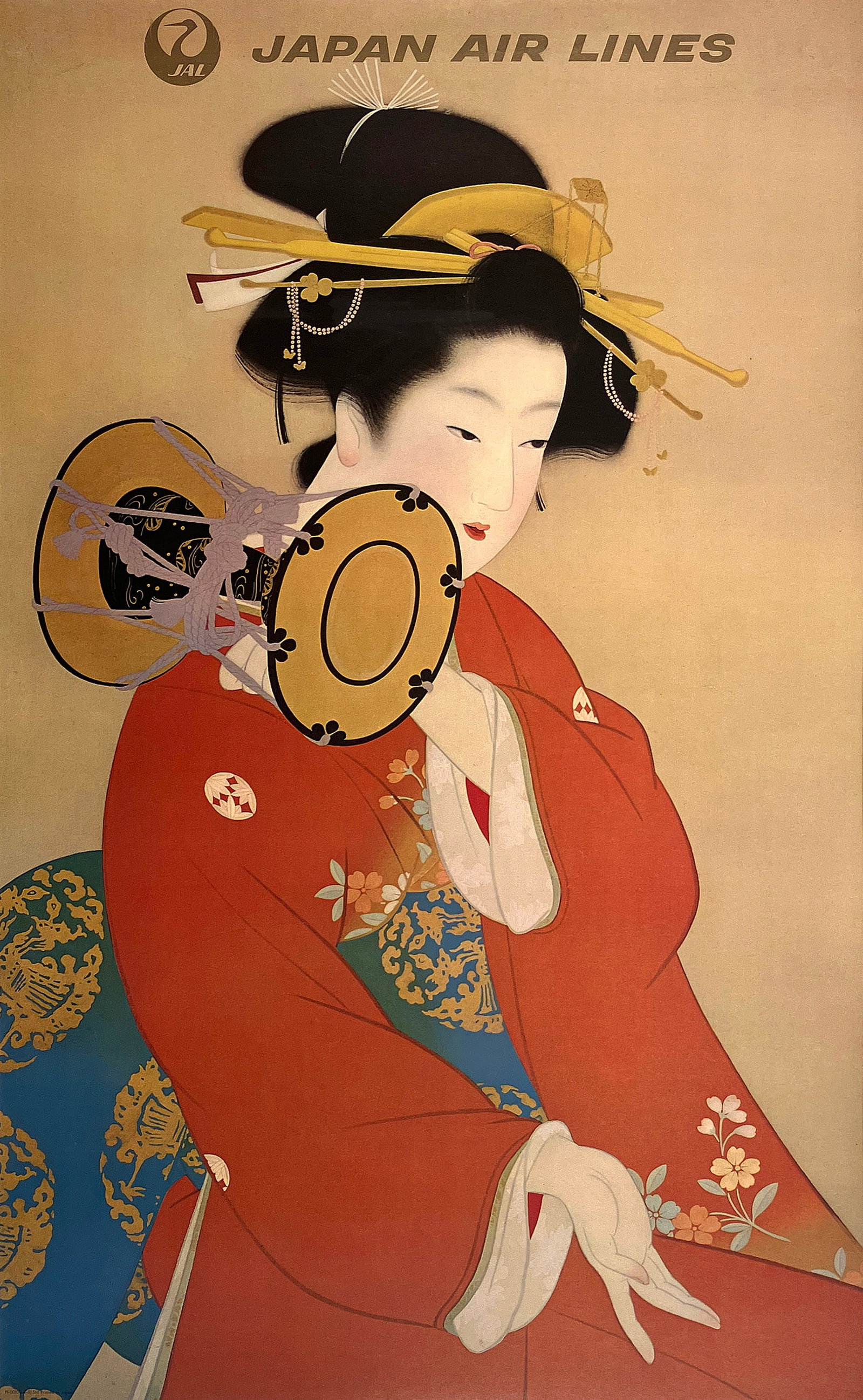 Original Vintage Poster Japan Air Lines Geisha c1955: This original vintage travel poster was created in the 1950s to promote international air travel with Japan Air Lines (JAL). The poster captures a timeless and elegant portrayal of a traditional Japan