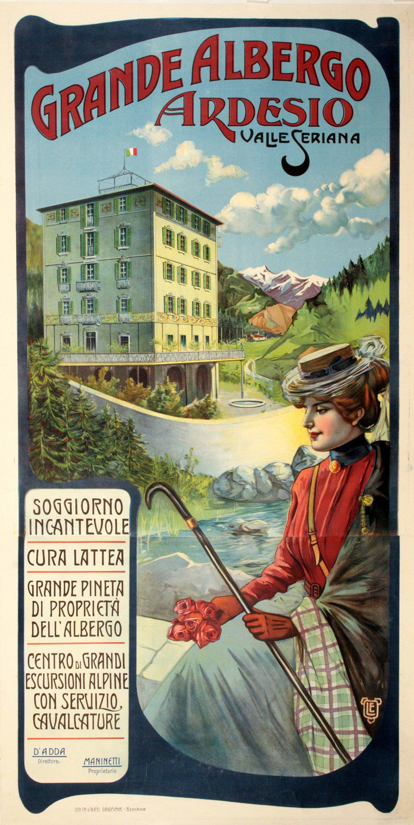 Original Italian Travel Poster circa 1900 - Grande Albergo Ardesio: The "Grande Albergo Ardesio" opened its doors in the early twentieth century. Originally owned by the Maninetti Family it quickly became a holiday destination for the prestigious Lombard nobility. In 