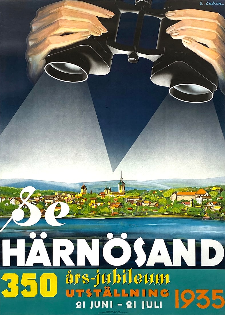 Original Vintage Swedish Travel Poster Harnosand by E Calson 1935 Swedish: A visitor explores the scenery of Harnosand, Sweden with their state of the art binoculars in this dynamically designed travel poster. Located on the island of Harnon, Harnosand is considered a gatewa