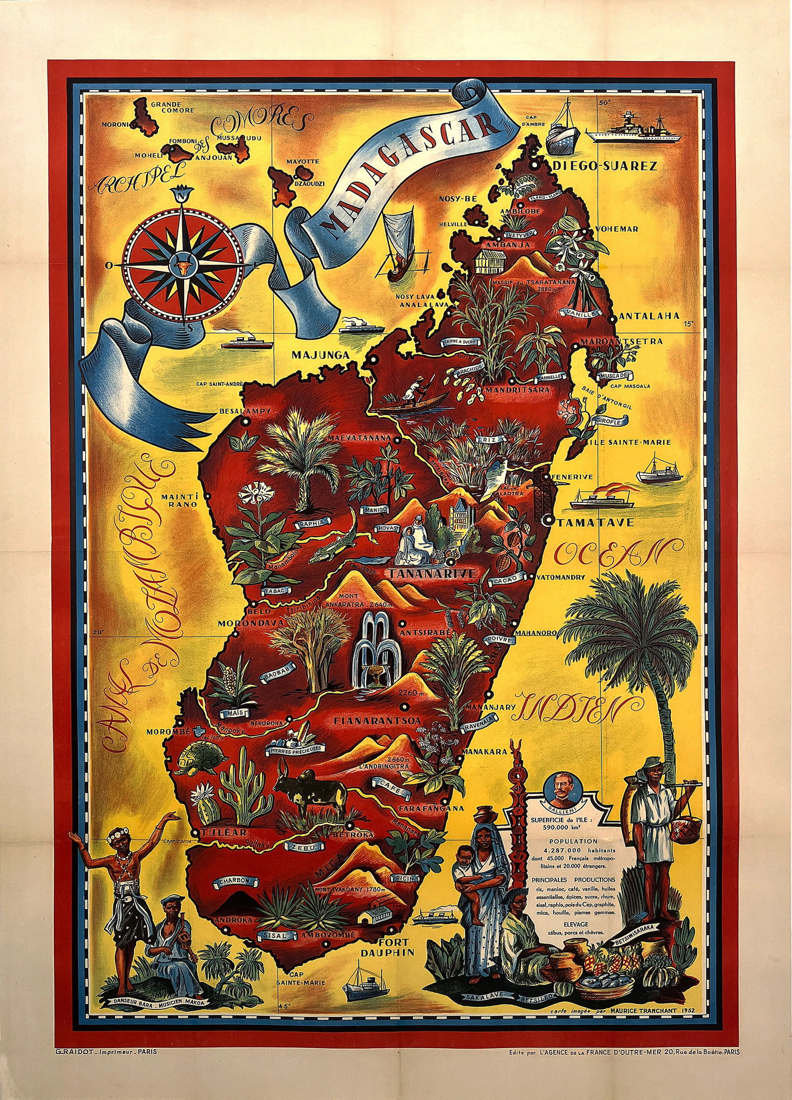 Original Vintage Map of Madagascar by Maurice Tranchant 1952: This striking pictorial map of Madagascar by Maurice Tranchant (1904 - 1973) presents the island in a vivid, richly illustrated style that blends cartography with storytelling. Published in Paris in t