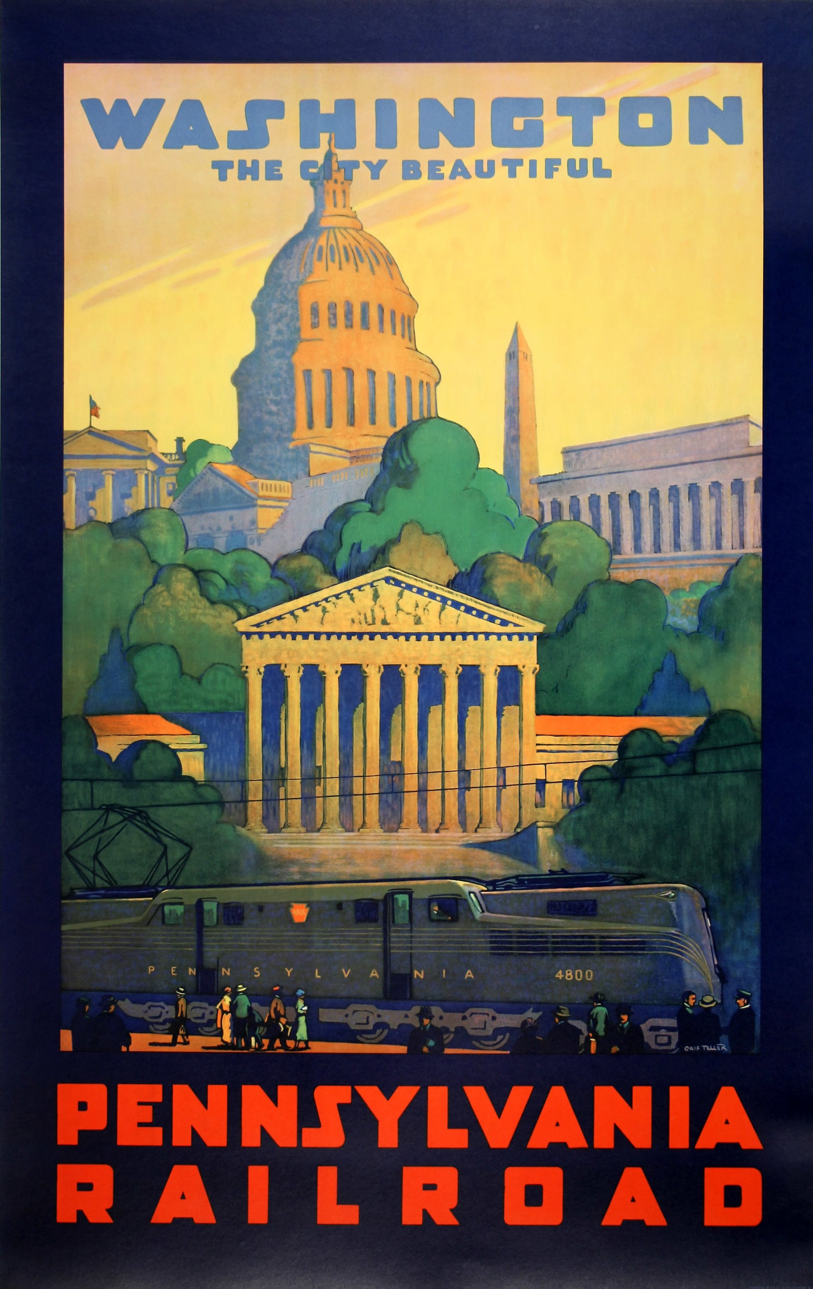 Original Vintage Pennsylvania Railroad - Washington Poster by Grif Teller 1933: This striking travel poster for the Pennsylvania Railroad promoting Washington, â€œThe City Beautiful,” captures the grandeur and symbolism of the nationâ€™s cap