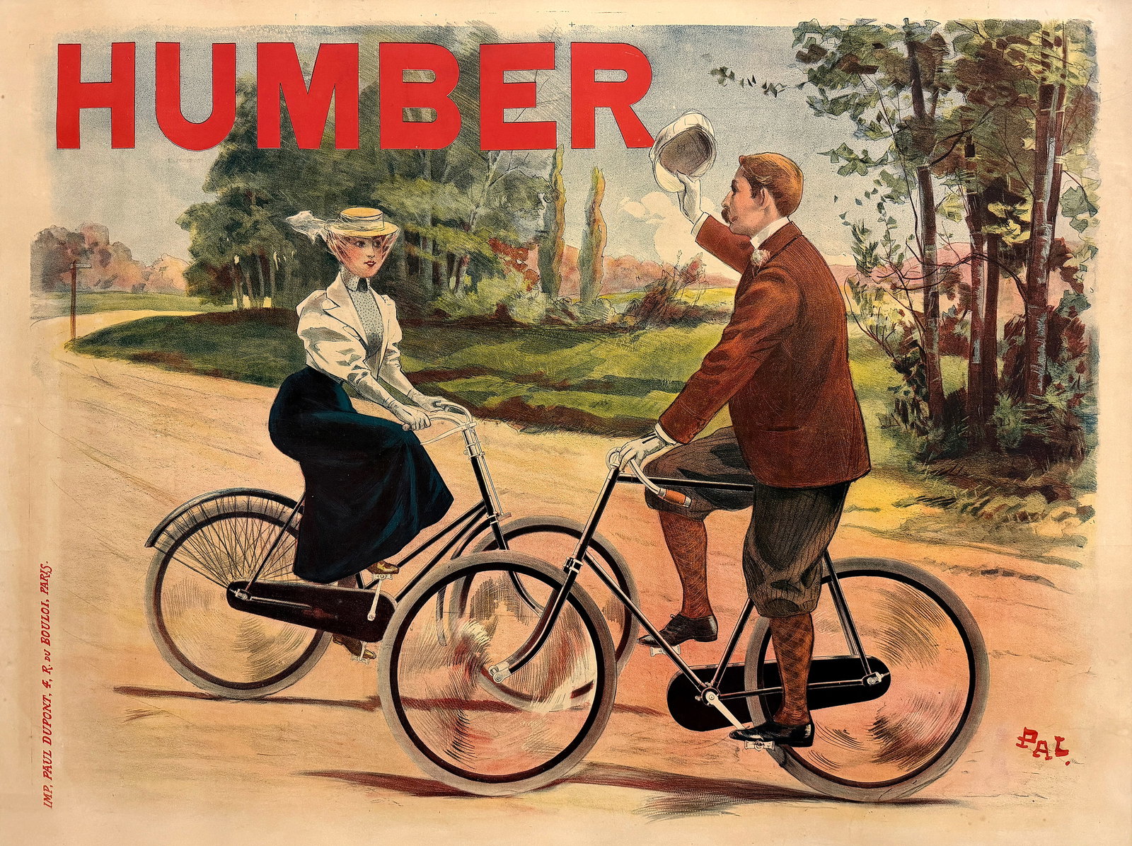 Original Vintage Humber Bicycle Poster by PAL 1897: This elegant and refined advertising poster for Humber bicycles captures the charm and sophistication of cycling culture at the turn of the 20th century. Set along a peaceful country road, a well-dres