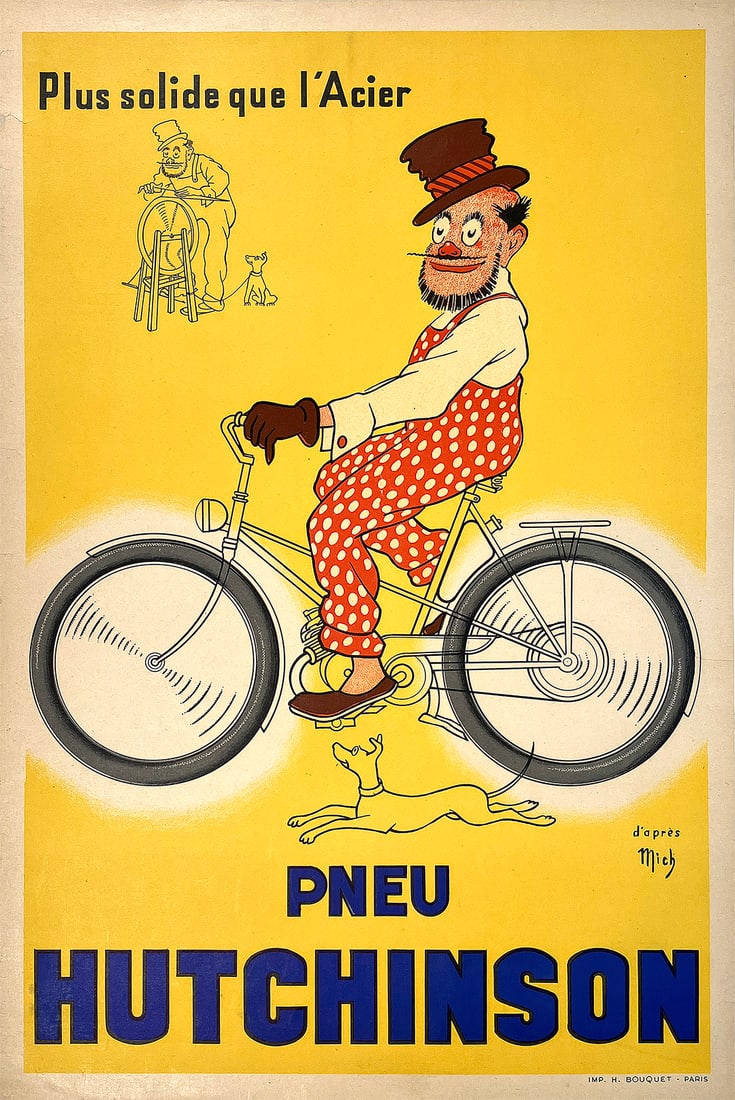 Original Vintage Pneu Hutchinson Plus Solide Poster by Mich c1925: This charming 1920s poster was created by noted artist, Mich for the Hutchinson brand of bicycle tires. We see a man gingerly escorting his puppy dog below a slogan that reads, "safer than steel". It 