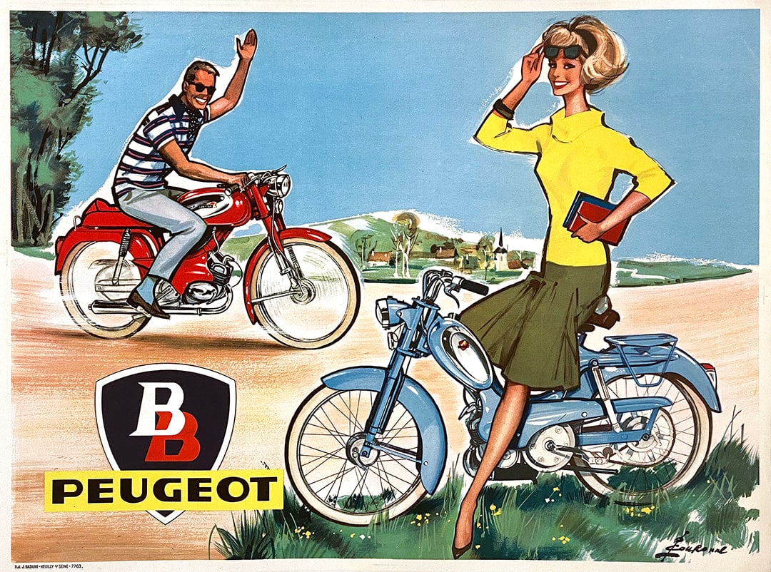 Original Vintage Peugeot Motorcycle Poster by Couronne Man and Woman Medium c1960 (1 of 1)