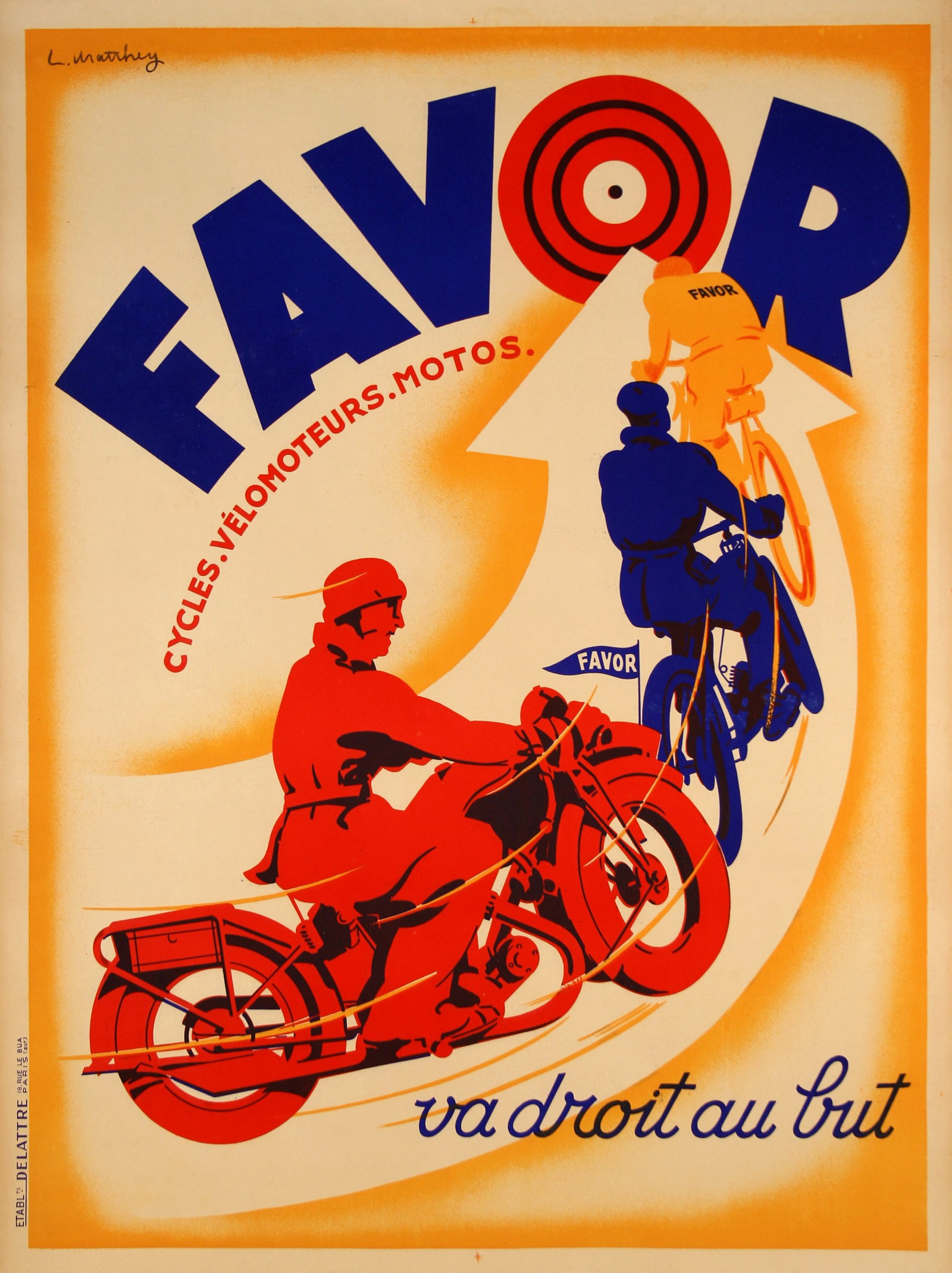 Favor Cycles Original Vintage French Poster c1930 by Marthey: This Favor Cycles advertisement from c.1930 is by L. Marthey. The poster features a motorcycle, scooter and bicycle rider following an arrow path. The message of the piece is that no matter your vehic