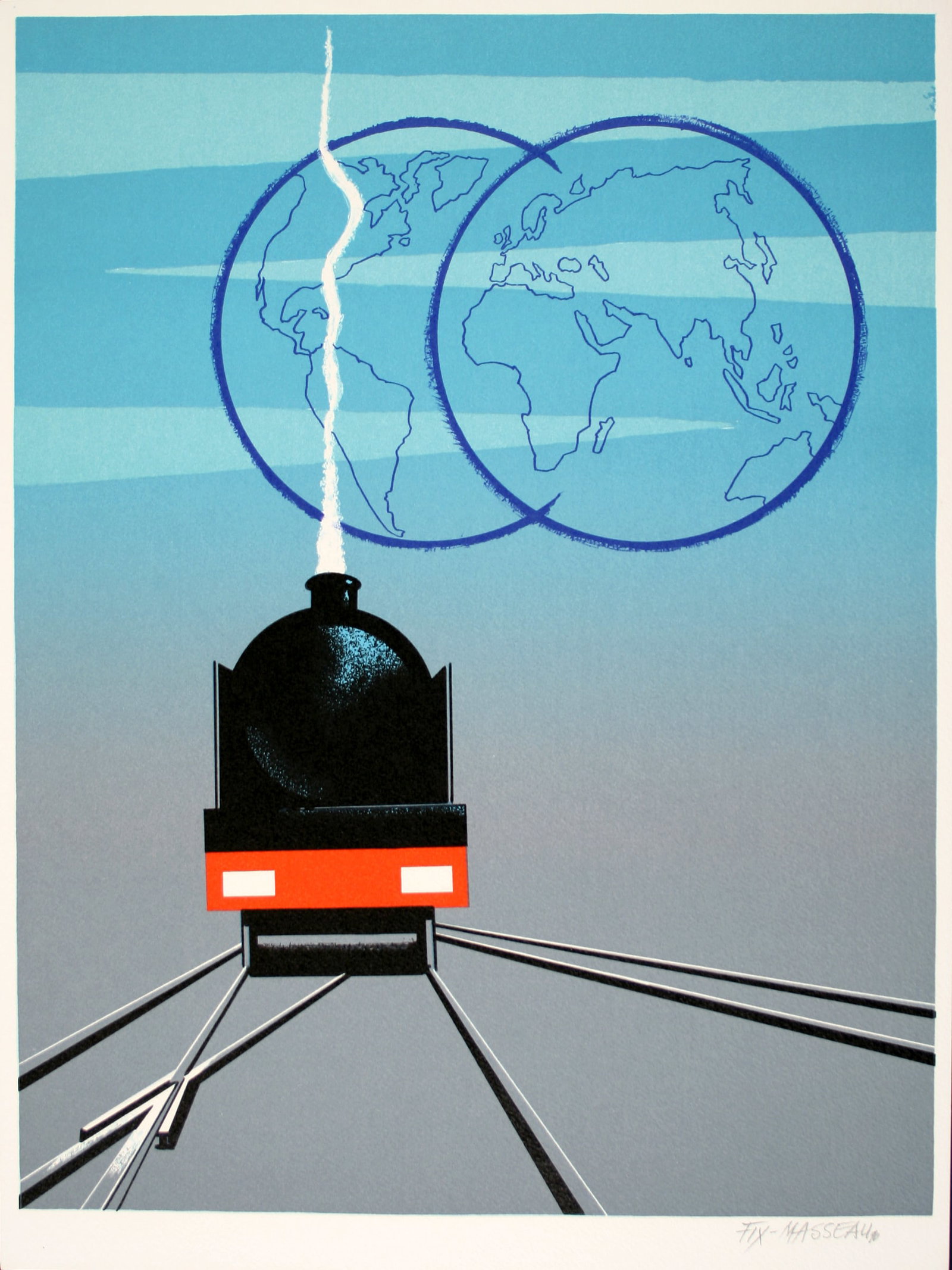 Original Vintage Trains and Globes Poster 1990 Hand Signed by Pierre Fix-Masseau: Train and Globes is a 1990 print by art deco artist Pierre Fix Masseau. The artwork was a unique design commissioned for a marketing event in 1990. The event had a "global networking" theme which Fix 
