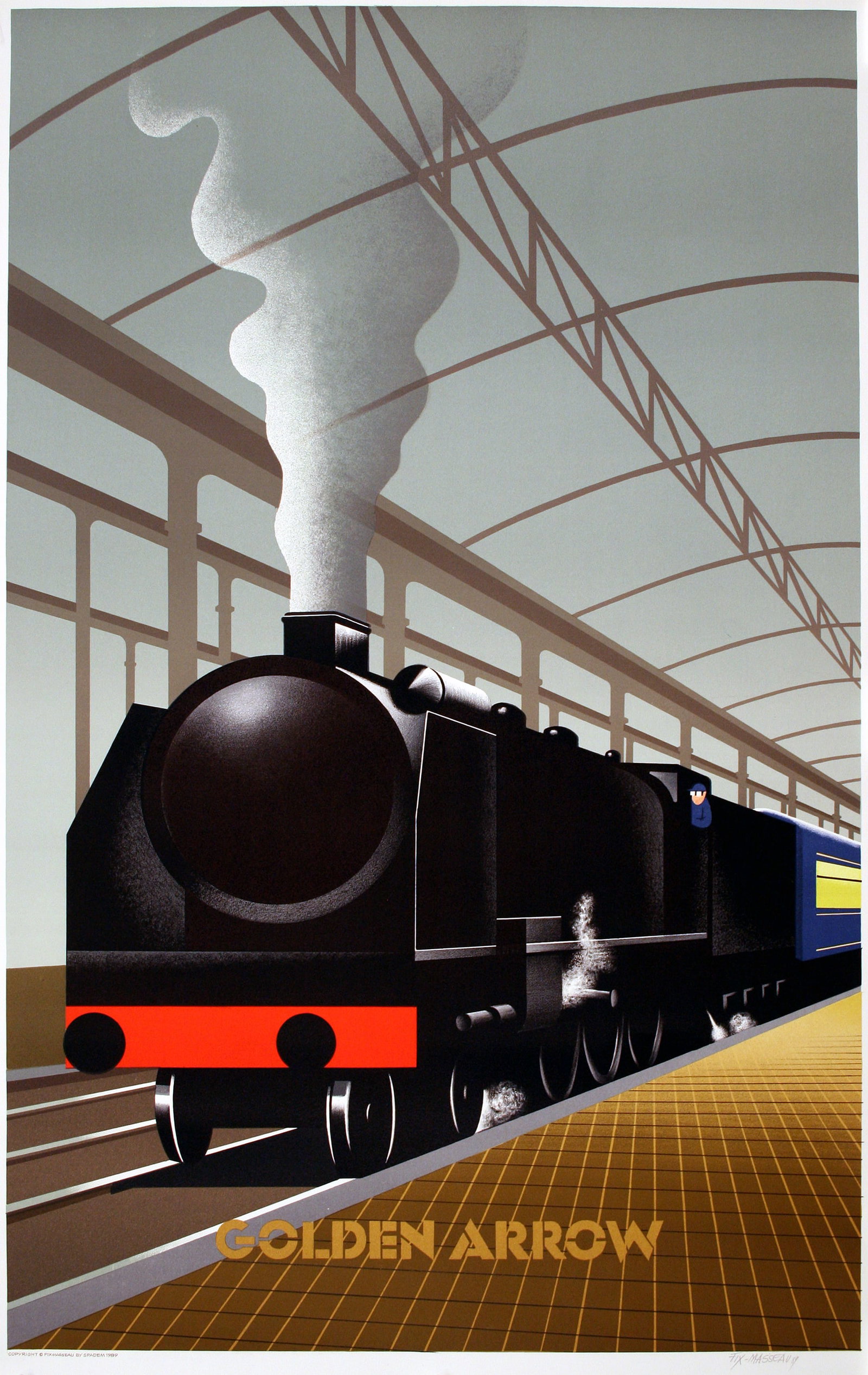 Original Golden Arrow Train Poster by Pierre Fix Masseau Hand Signed 1989: This Fix-Masseau illustrated poster of the Golden Arrow is a not only great reminder of the artist’s practiced Art Deco niche but as well a reminder of the luxury of the Golden Arrow train. The post