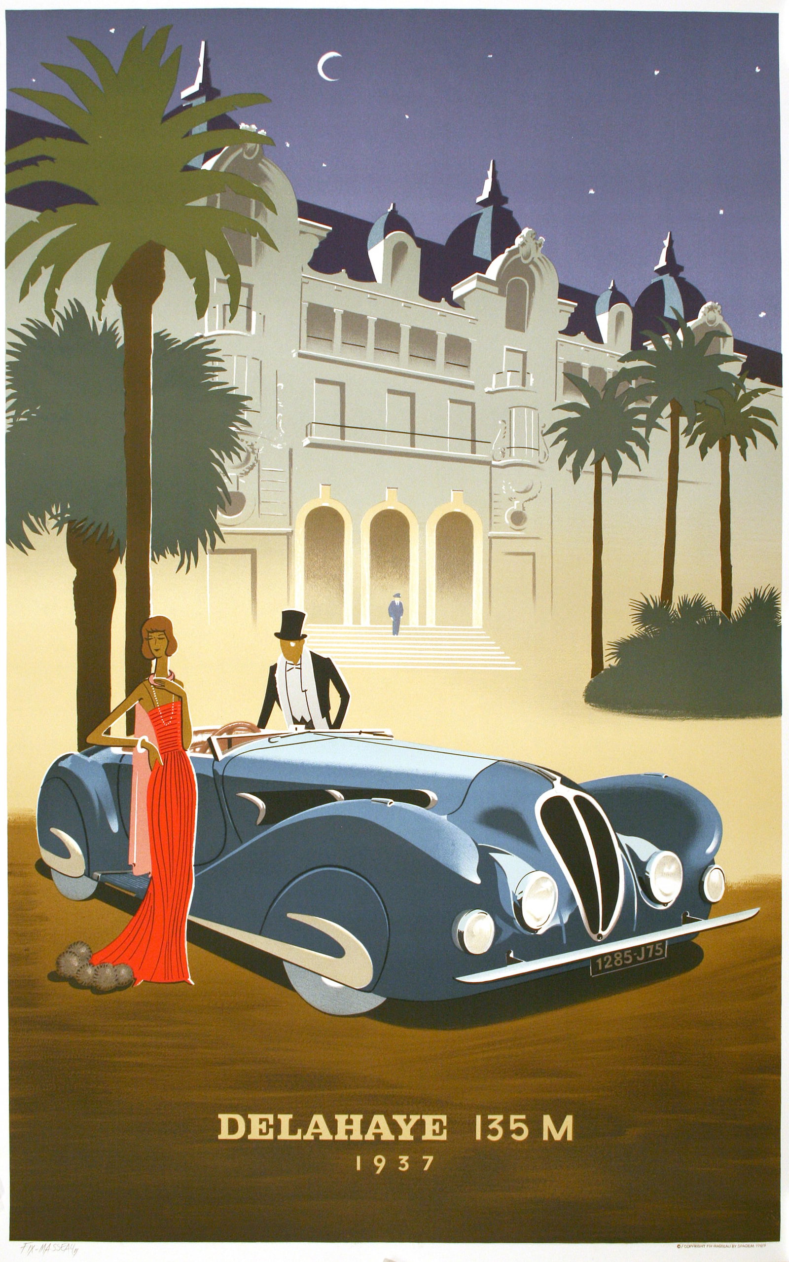 Original 1989 Pierre Fix Masseau Poster for Delahaye Hand Signed by the artist: Delahaye is a 1989 poster by Pierre Fix-Masseau. The artwork features the classic 1937 Delahaye model 135 M amidst the backdrop of the famous Casino de Monte-Carlo. This poster commemorates the 1937 M
