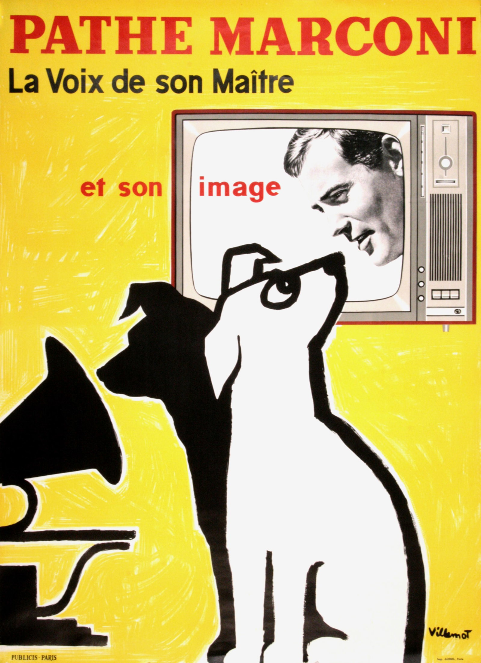 Original Villemot c1970 Poster Pathe Marconi with Dog: In this whimsical design created by the gifted poster artist Bernard Villemot, we see the modern day dog admiring the voice and image of his master in the television screen. In the background is the b