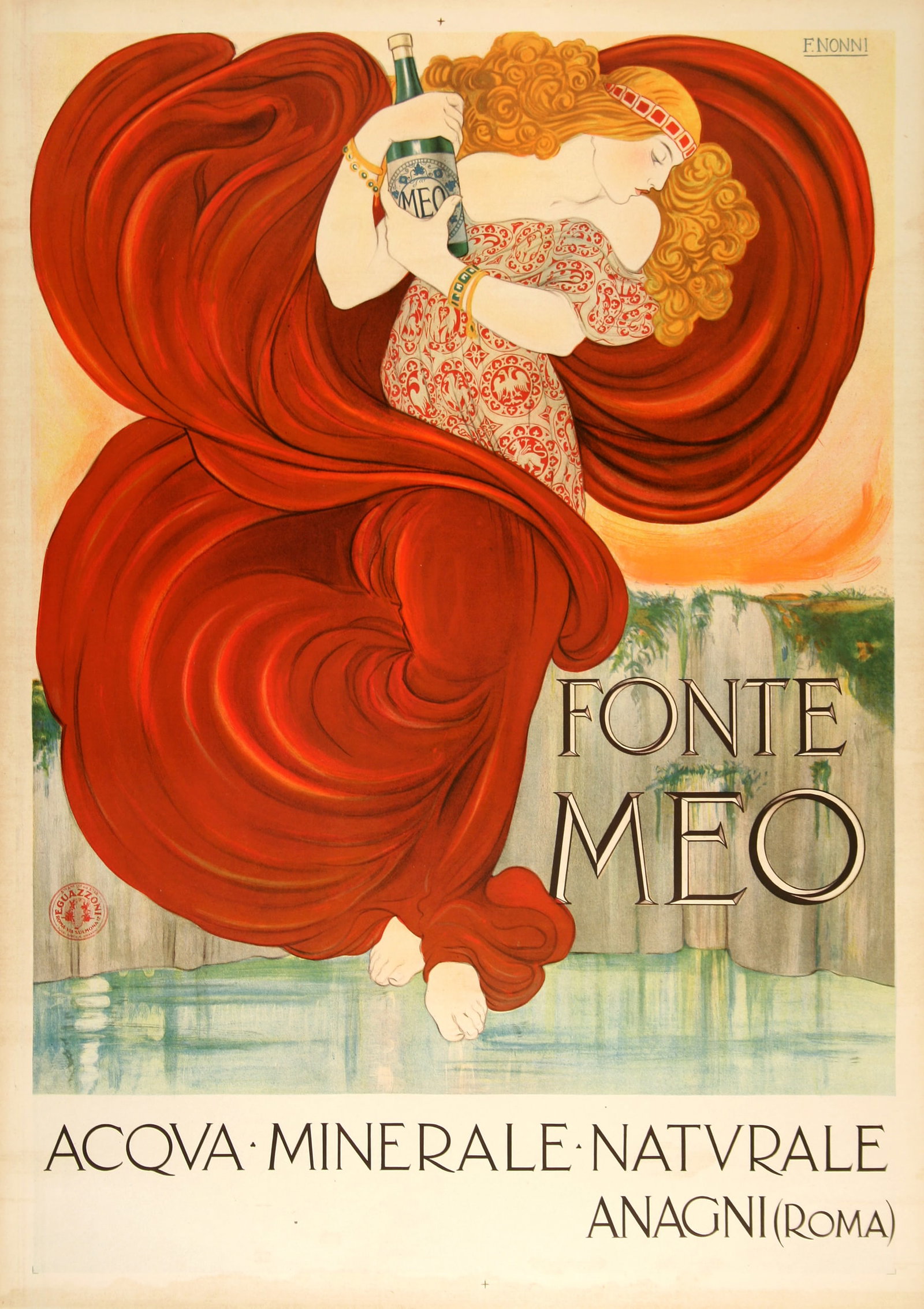 Original Vintage Fonte Meo Italian Poster by Francesco Nonni c1910 - Mineral Water: A striking example of early 20th-century Italian advertising, this poster for Fonte Meo mineral water transforms a simple commercial product into an elegant, almost theatrical vision. A graceful femal