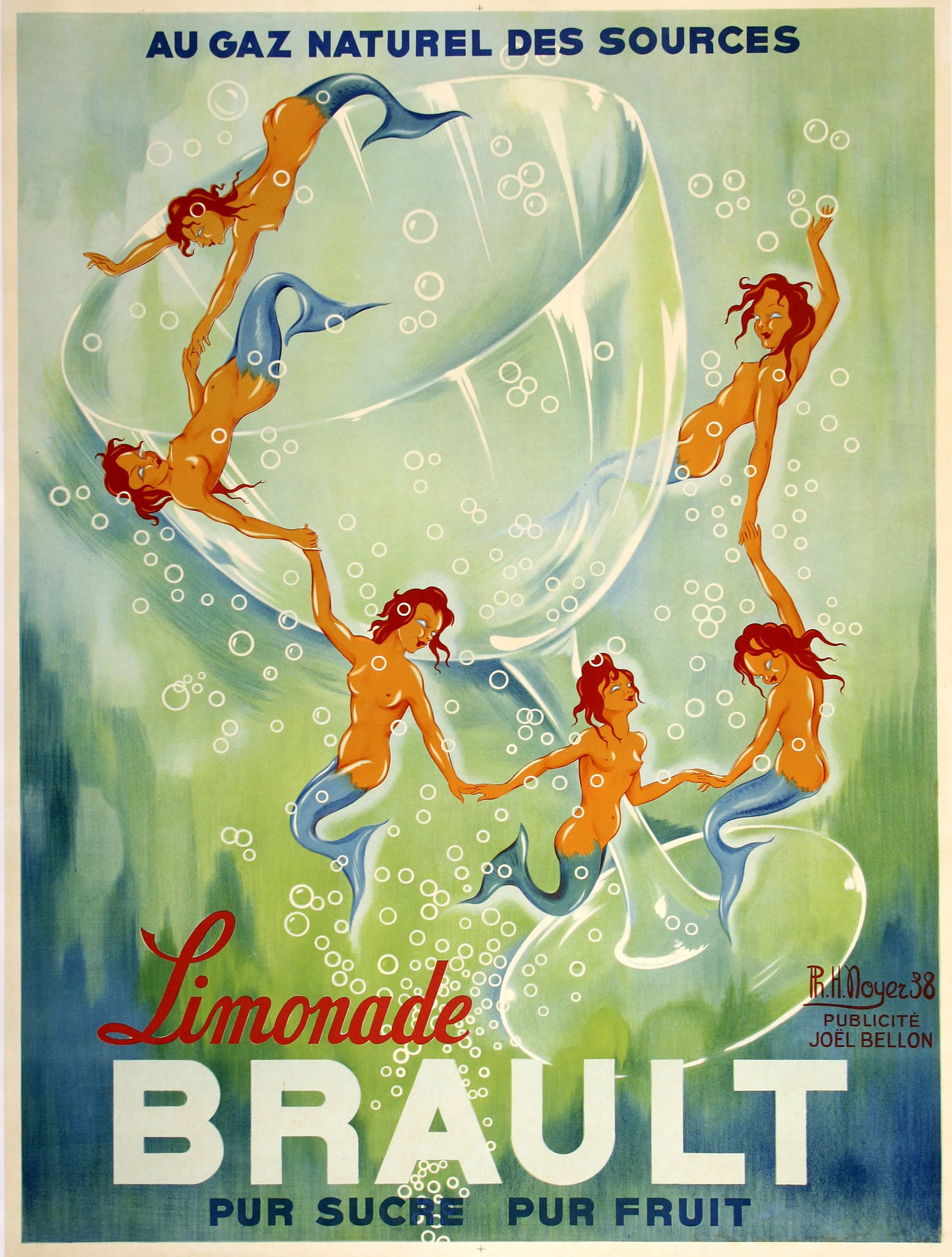 Original French Limonade Brault Mermaids Poster by Noyer 1938 (1 of 1)