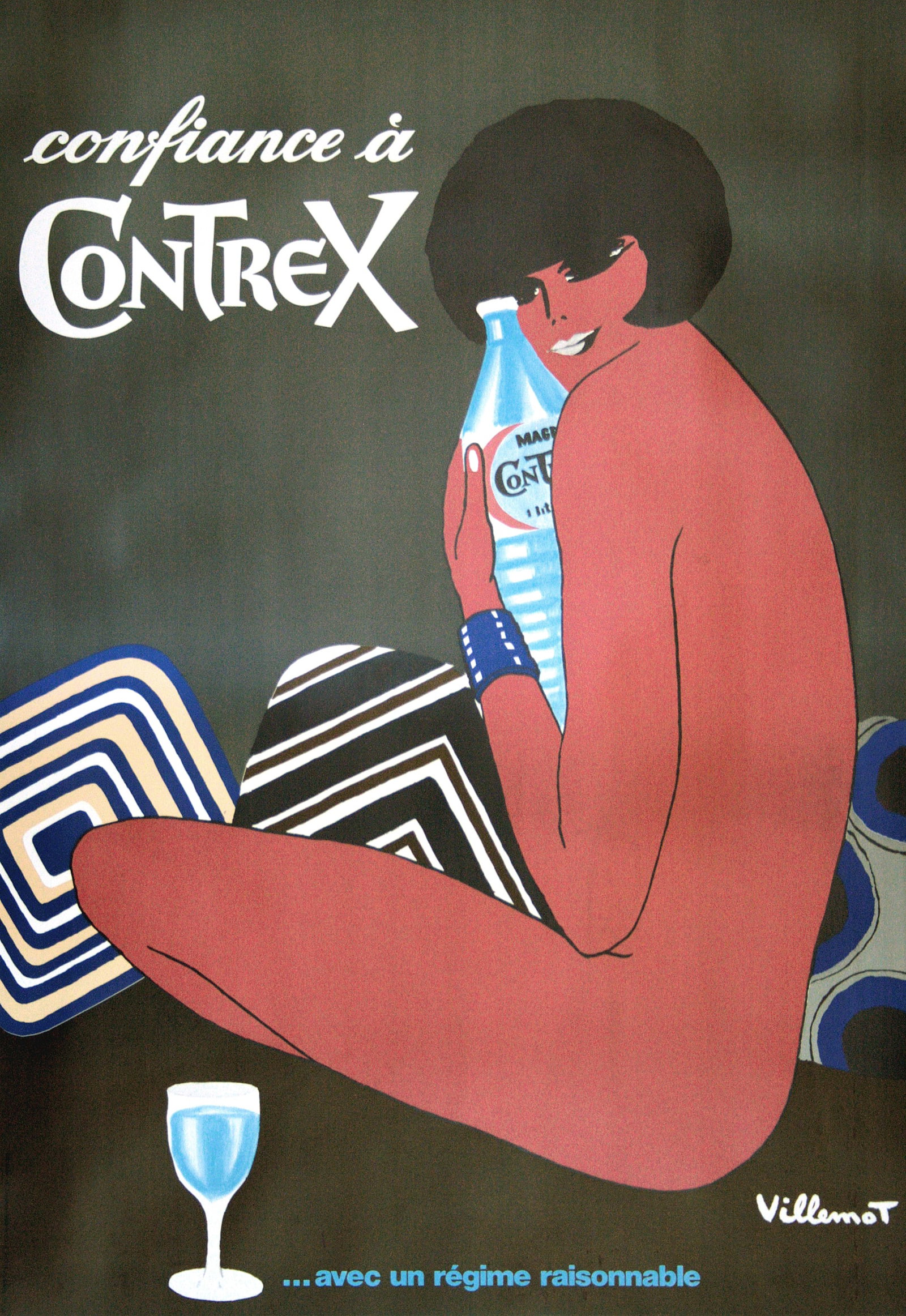 Original Bernard Villemot Vintage French Poster 1976 for Contrex Water: Contrex is a circa 1970 French advertisement for Contrex Mineral Water by Bernard Villemot (1909-1989). The advertisement continues Villemot’s signature use of nude beauties in his advertising artwo