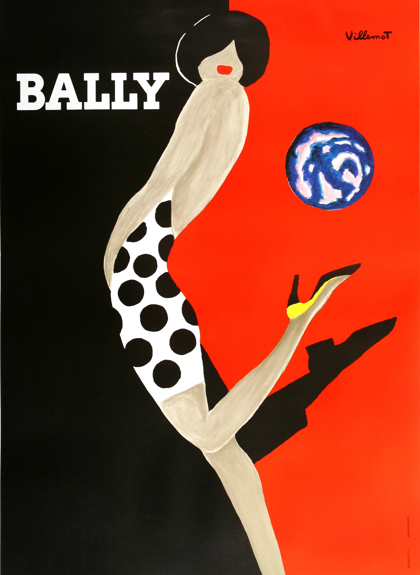 Original Vintage Bernard Villemot Poster for Bally - Kick 1989: Bally Kick Large is a 1989 French advertisement for the designer shoe company by Bernard Villemot (1909-1989). The Bally Company was founded in 1851 by Carl Bally located in Switzerland, and originall
