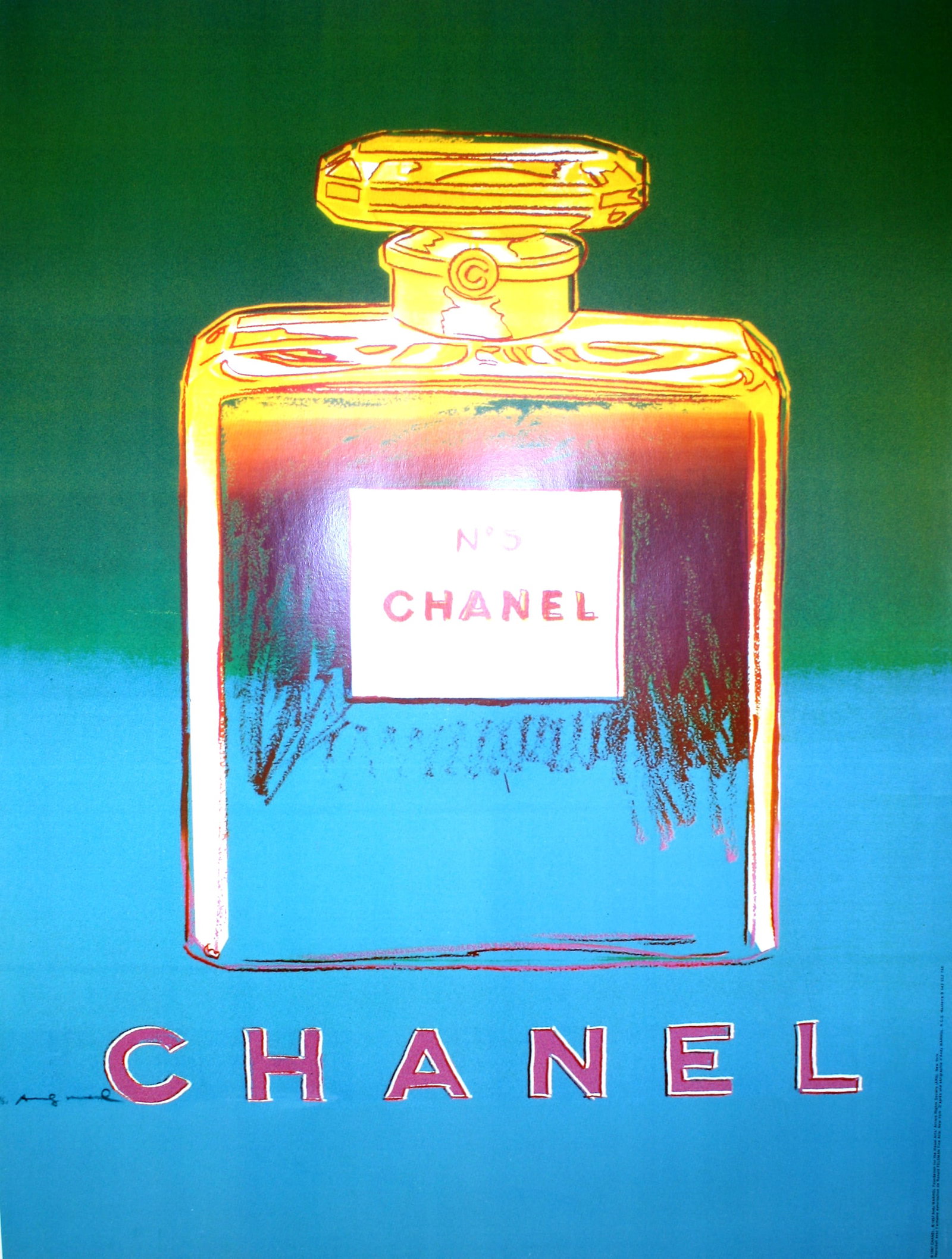 Original Vintage Chanel No. 5 Perfume Poster by Andy Warhol 1997: This poster, part of a series by Andy Warhol for Chanel No. 5 features the sophisticated design of the bottle in the center of the image. Aiming for simplicity, the bottle is the focal point of the po