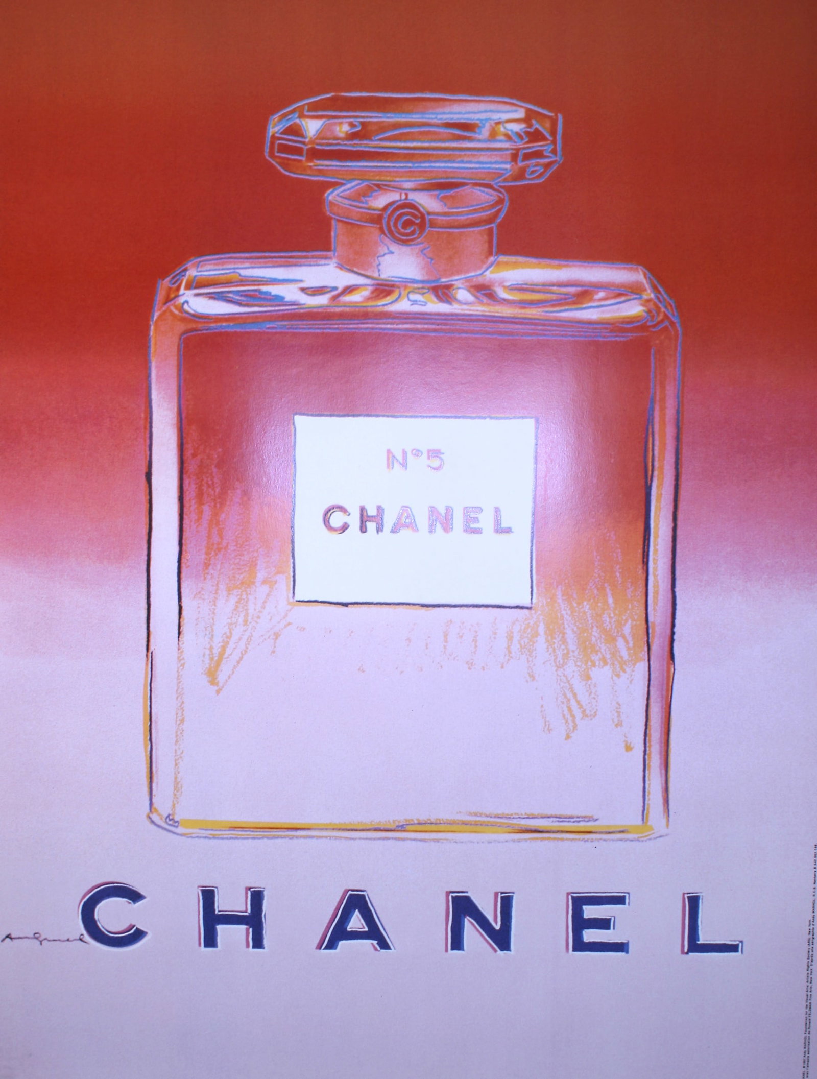 Original Vintage Chanel No. 5 Poster Bottle by Andy Warhol 1997: This poster, part of a series by Andy Warhol for Chanel No. 5 features the sophisticated design of the bottle in the center of the image. Aiming for simplicity, the bottle is the focal point of the po