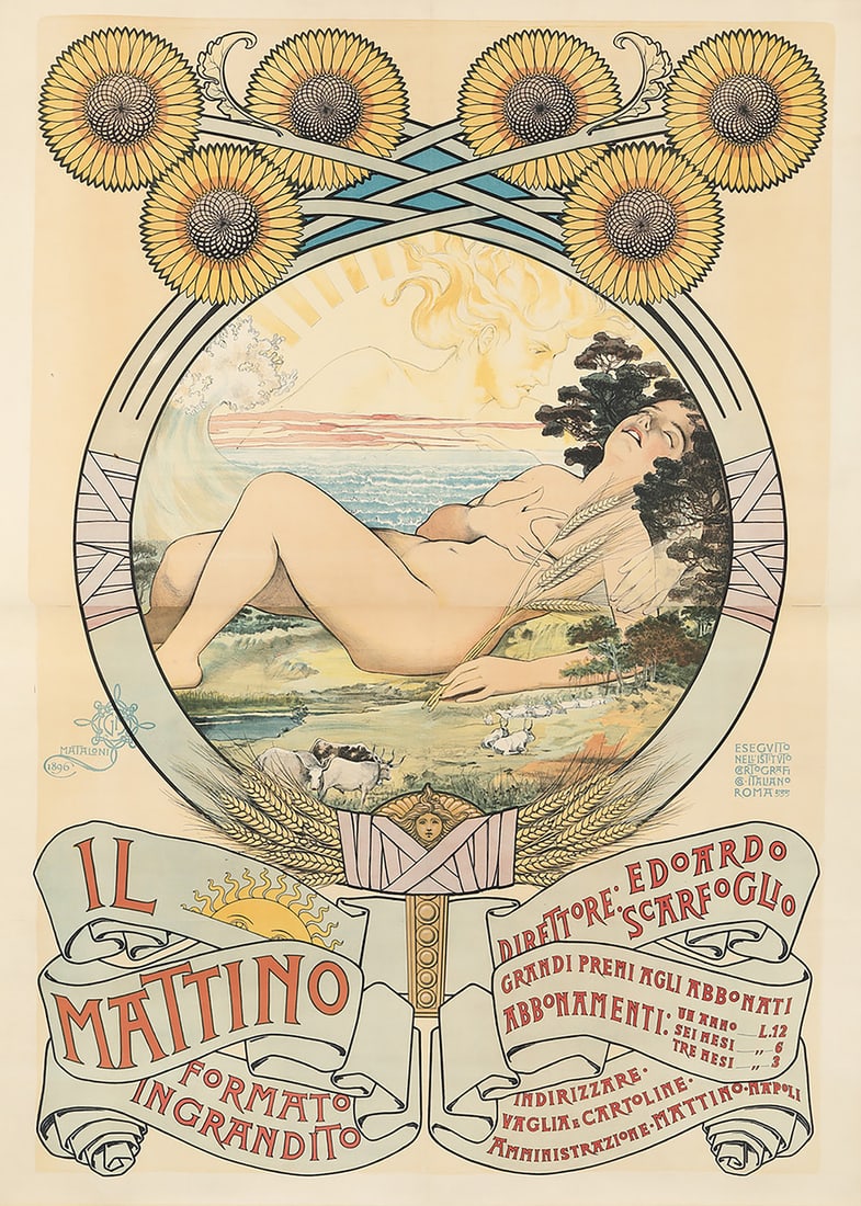 Original Vintage Il Mattino Newspaper Poster by Giovanni Mataloni 1896 Nude Italian: Talk about a scandalous poster! This raunchy image was created in 1896 for a newspaper, of all things. Stylistically stunning, this advertisement for the Italian daily paper, Il Mattino features the d