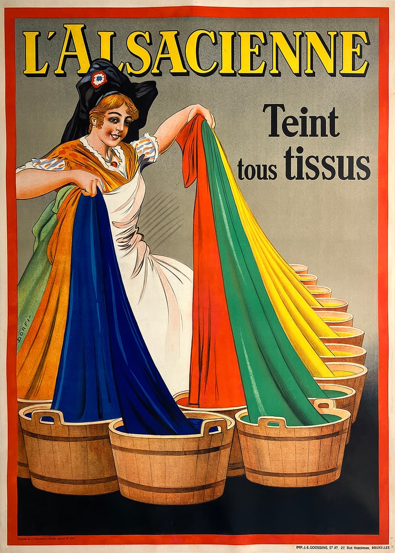 Original Vintage L'Alsacienne Teint Tous Tissus by Dorfi c1920 Fabric Dye: This charming and highly graphic poster for L’Alsacienne captures the warmth and optimism of early twentieth-century French advertising. Designed by Dorfi, the composition features a smiling Alsatia