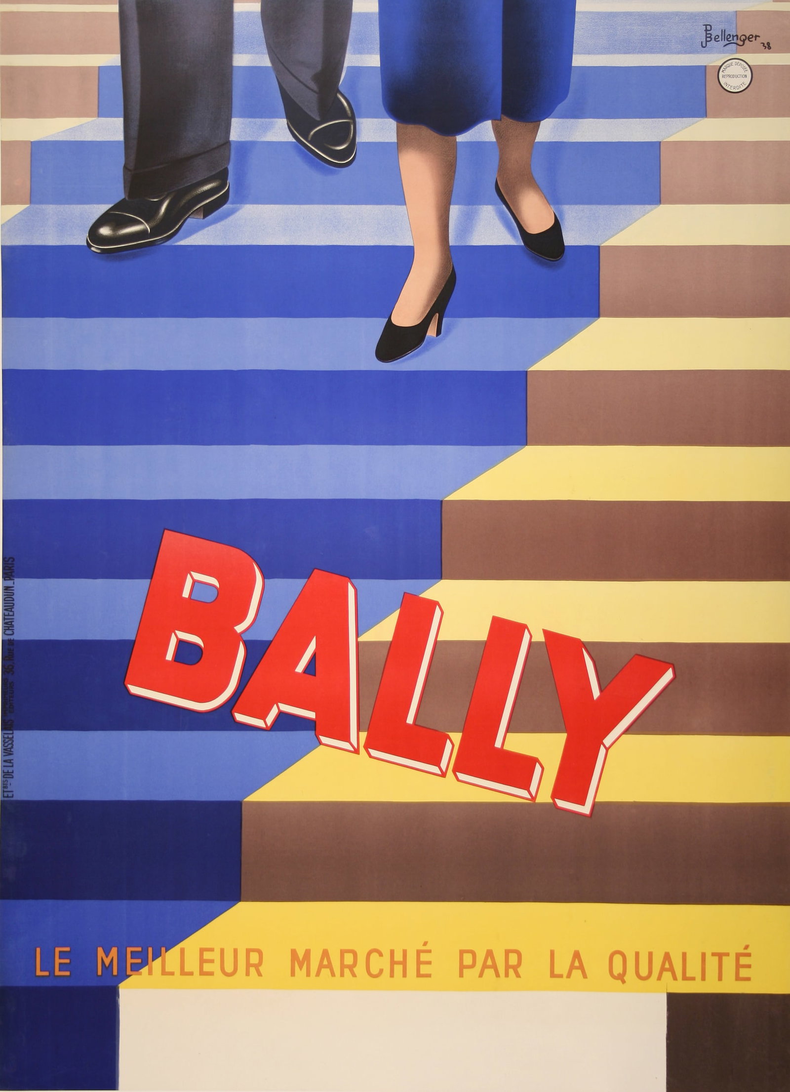 Original Bally Poster 1938 by Bellenger - Feet and Stairs: This Original Vintage Poster was created in 1938 by twin brothers Jacques and Pierre Bellenger. The poster is an advertisement for Bally, a luxury Swiss leather company founded in 1851 and still in ex