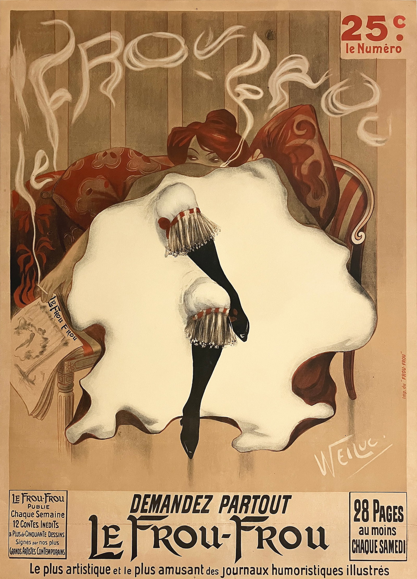 Original Vintage Frou Frou Poster by Weiluc 1900 - Rare!: This elegant and highly evocative poster by Weiluc was created in 1900 to announce the launch of the humor magazine Le Frou-Frou, with the image itself famously appearing on the cover of the publicati