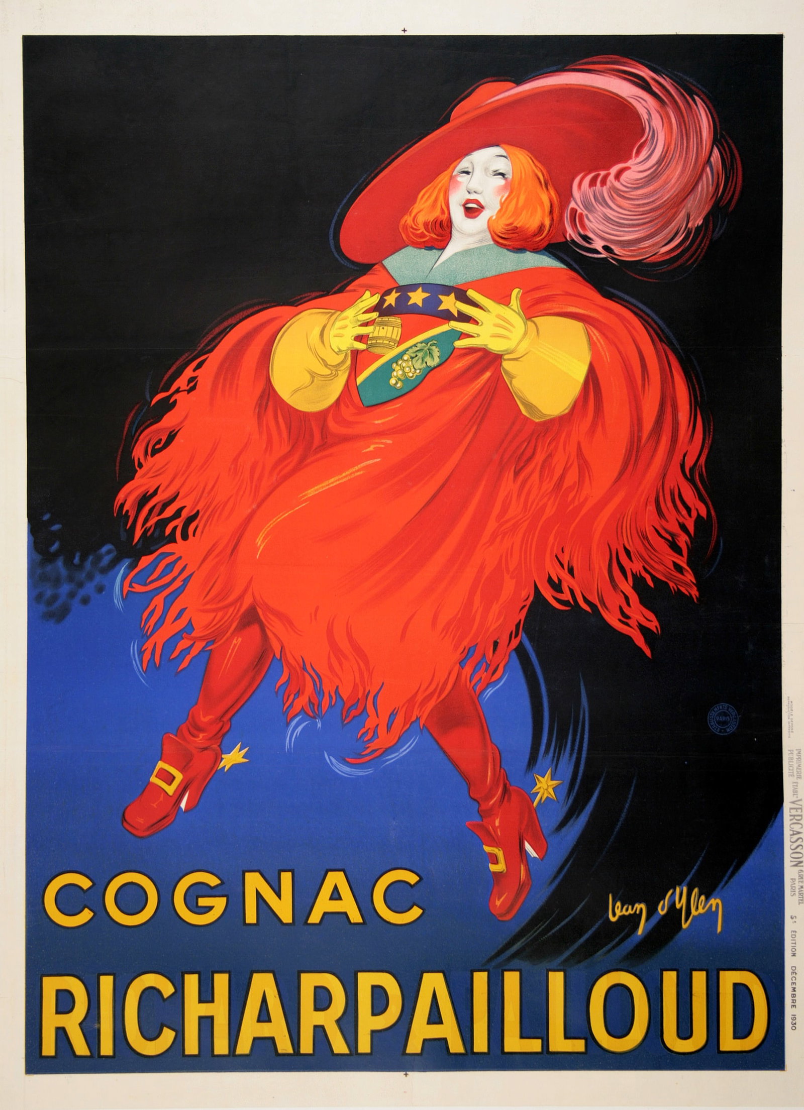 Cognac Richardpailloud Original Vintage Poster by Jean Dylen c1930: Jean D'Ylen created yet another eye-catching advertisement in stunning primary colors in this vintage poster from the early 1930s. The influence of Cappiello on this artist's work is apparent in the d