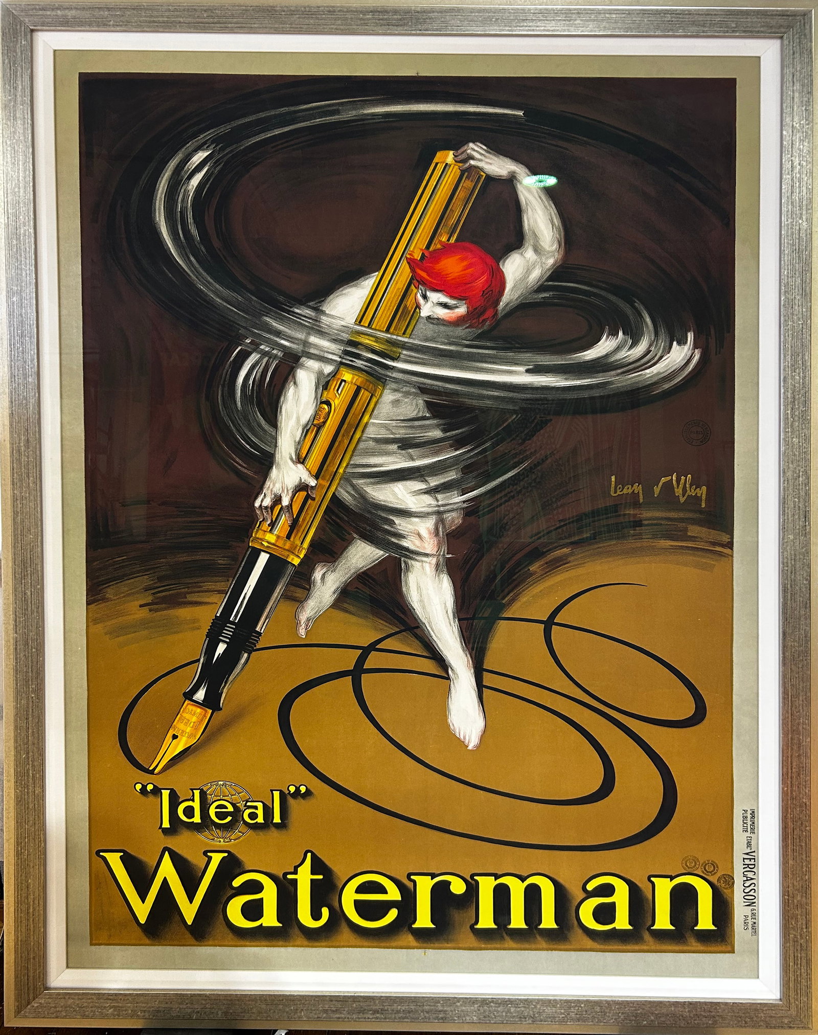 Original Vintage Jean Dylen Ideal Waterman Framed Poster 1927: Ideal Waterman is one of the rarest of artist Jean Dylen’s works and features his exquisite command of motion and the human form. The Ideal line of Waterman pens were the highest line the company ma