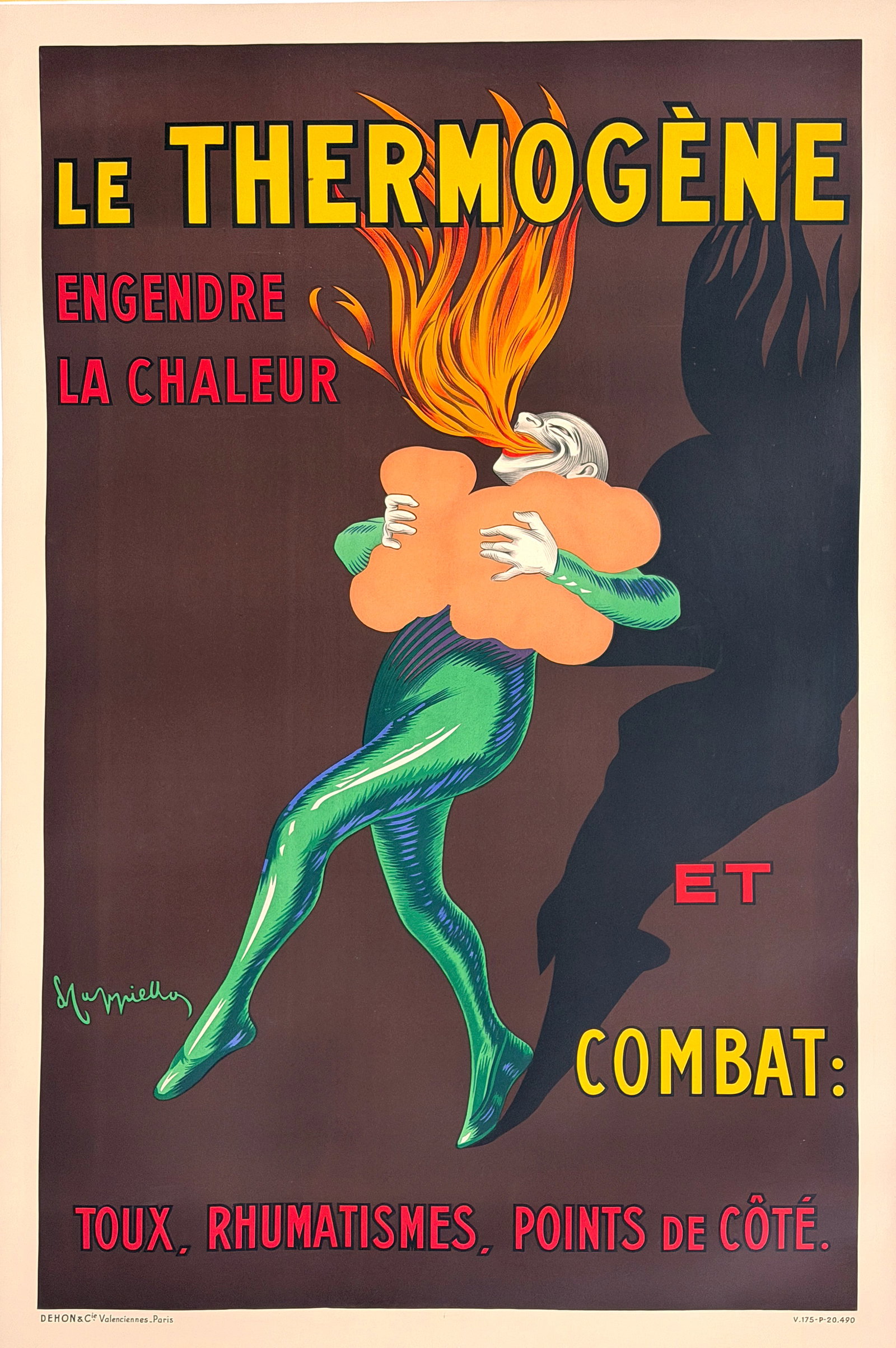 Original Vintage Leonetto Cappiello Thermogene Poster c1950: This striking French advertising poster for Le Thermogène was created by Leonetto Cappiello (1875–1942), the pioneering Italian-born artist often regarded as the father of the modern advertising po