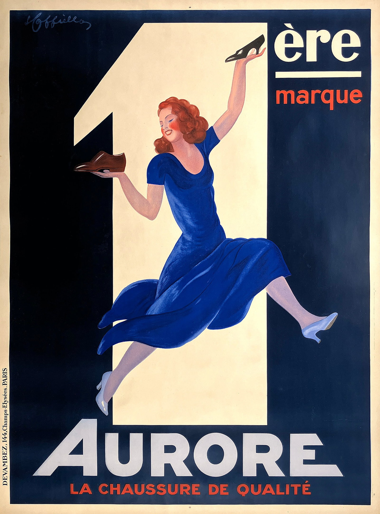 Original Vintage Poster by Leonetto Cappiello Aurore C1930: The Aurore Shoe company made a very good choice in commissioning the artist Leonetto Cappiello to create a dramatic poster to promote their shoes for women and men. The image announces that it is the 
