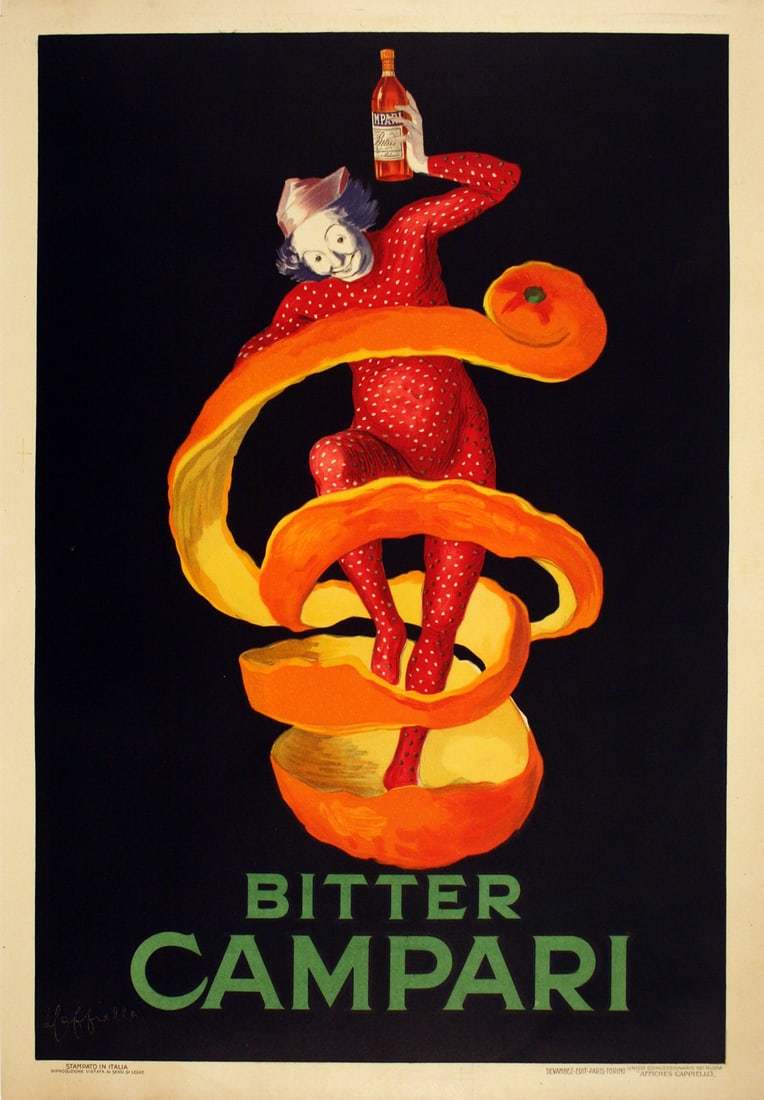 Original Leonetto Cappiello Bitter Campari Poster 1921 Printed by Devambez: Bitter Campari is a French liquor advertisement from 1921 by the iconic poster artist, Leonetto Cappiello. This rare poster features Cappiello's signature style of a bright dynamic figure floating on 