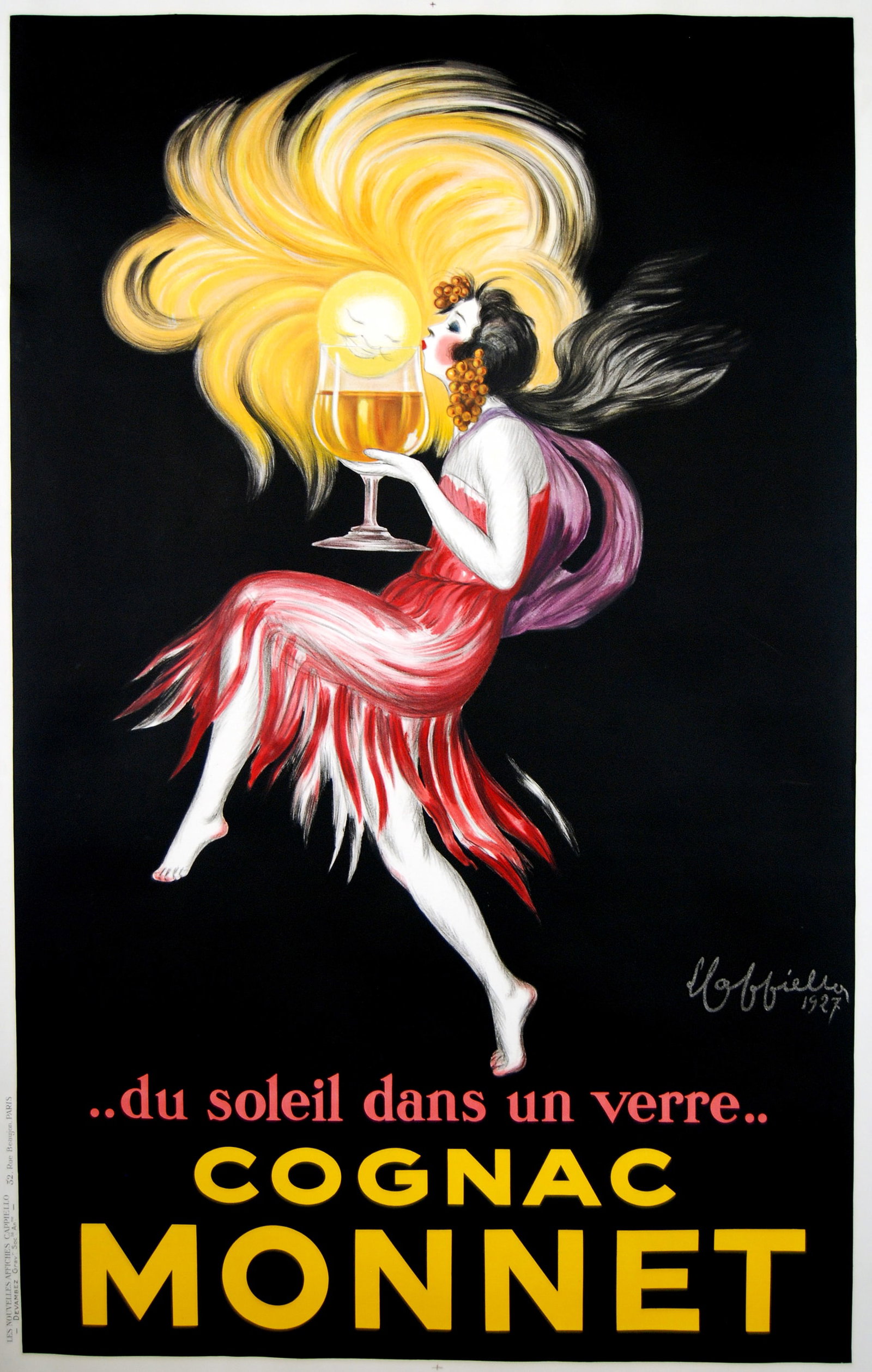 Original Vintage Cognac Monnet Poster by Leonetto Cappiello Printed in 1927: What does Cognac do? It warms you! Featuring a sun in the glass, this poster by Cappiello visually represents the warmth of the drink as sunshine bursts out of the glass. The text below "du soleil dan