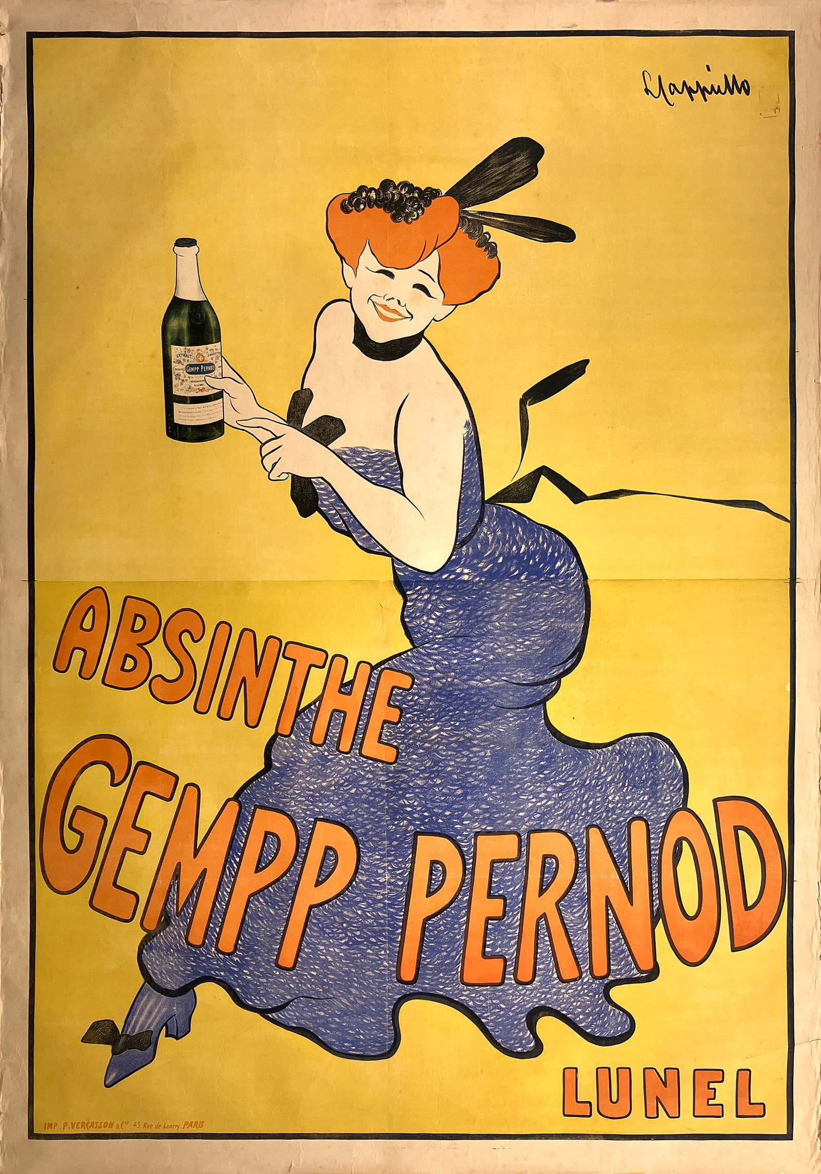 Original Vintage Leonetto Cappiello Absinthe Gempp Pernod Poster 1903 - Ultra Rare!: This lively Belle Époque poster by Leonetto Cappiello (1875–1942) was created to advertise Absinthe Gempp Pernod of Lunel. A radiant red-haired woman in a flowing blue dress lifts a bottle of the f