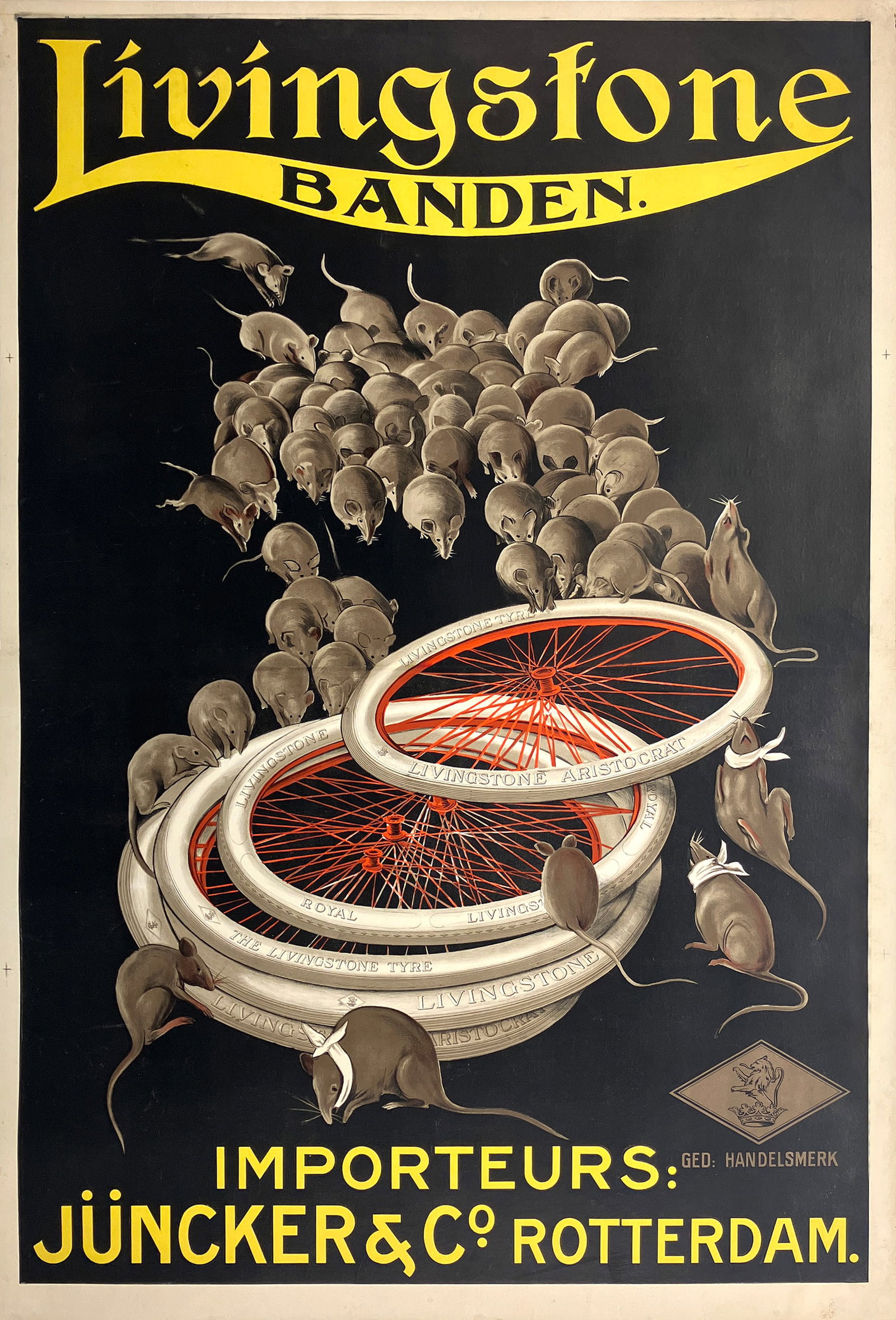 Original Vintage Leonetto Cappiello Livingstone Banden Poster C1920 - Rare: This vintage poster by Leonetto Cappiello (1875–1942) was created to advertise Livingstone Banden bicycle tires, imported by Juncker & Co. in Rotterdam. The dramatic image shows a swarm of rats desc