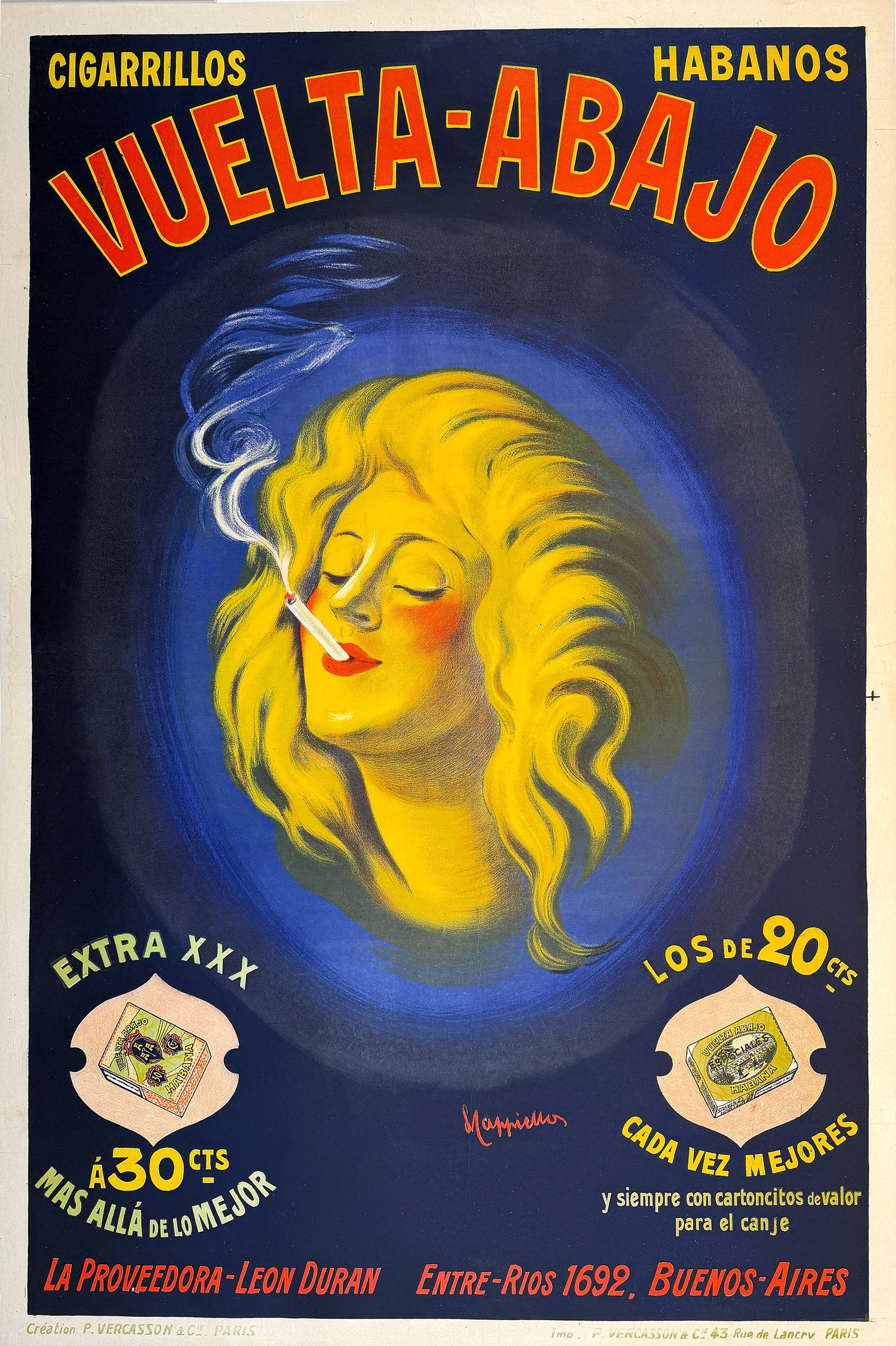 Original Vintage Leonetto Cappiello Vuelta Abajo Poster C1904: This captivating poster for Vuelta Abajo cigarillos by Leonetto Cappiello is a striking example of the artist’s ability to convey mood, allure, and product appeal through a single unforgettable Capp