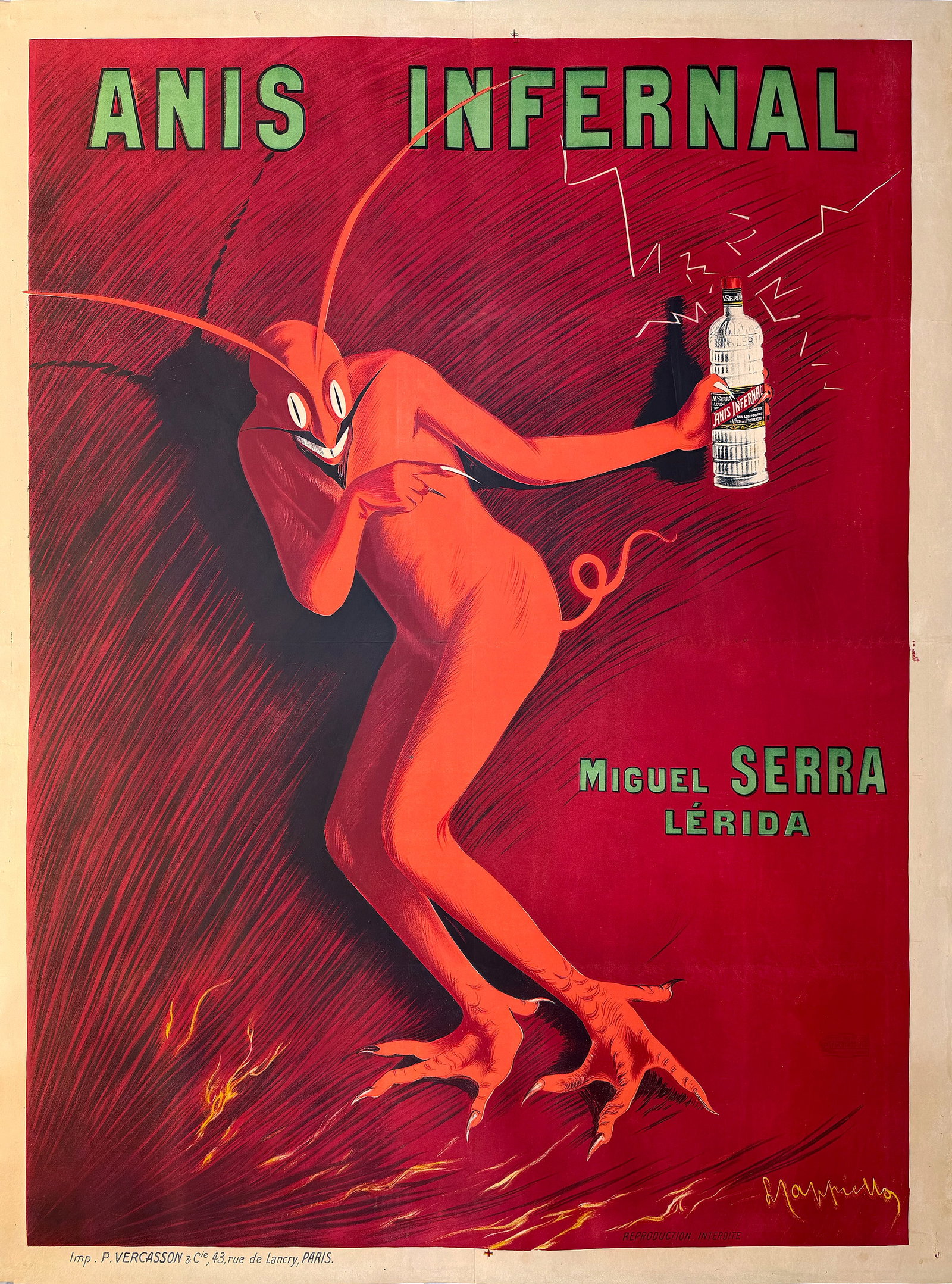 Original VIntage Leonetto Cappiello Anis Infernal Poster 1905 - RARE: This dramatic and visually electrifying poster for Anis Infernal by Leonetto Cappiello is a quintessential example of the artistâ€™s ability to fuse bold imagery with unforgettable branding. Capp
